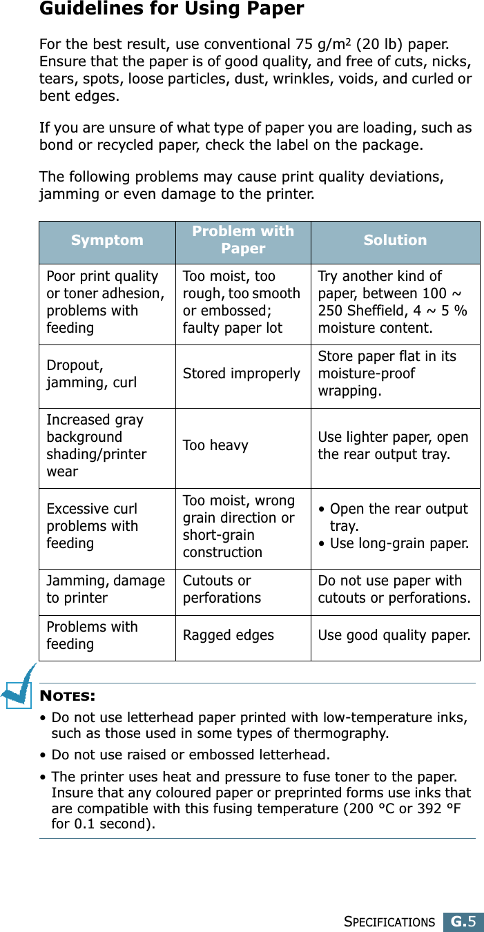 SPECIFICATIONSG.5GGuidelines for Using PaperFor the best result, use conventional 75 g/m2 (20 lb) paper. Ensure that the paper is of good quality, and free of cuts, nicks, tears, spots, loose particles, dust, wrinkles, voids, and curled or bent edges.If you are unsure of what type of paper you are loading, such as bond or recycled paper, check the label on the package.The following problems may cause print quality deviations, jamming or even damage to the printer.NOTES: • Do not use letterhead paper printed with low-temperature inks, such as those used in some types of thermography.• Do not use raised or embossed letterhead.• The printer uses heat and pressure to fuse toner to the paper. Insure that any coloured paper or preprinted forms use inks that are compatible with this fusing temperature (200 °C or 392 °F for 0.1 second).Symptom Problem with Paper SolutionPoor print quality or toner adhesion, problems with feedingToo moist, too rough, too smooth or embossed; faulty paper lotTry another kind of paper, between 100 ~ 250 Sheffield, 4 ~ 5 % moisture content.Dropout, jamming, curl Stored improperlyStore paper flat in its moisture-proof wrapping.Increased gray background shading/printer wearToo heavy Use lighter paper, open the rear output tray.Excessive curl problems with feedingToo moist, wrong grain direction or short-grain construction• Open the rear output tray.• Use long-grain paper.Jamming, damage to printerCutouts or perforationsDo not use paper with cutouts or perforations.Problems with feeding Ragged edges Use good quality paper.