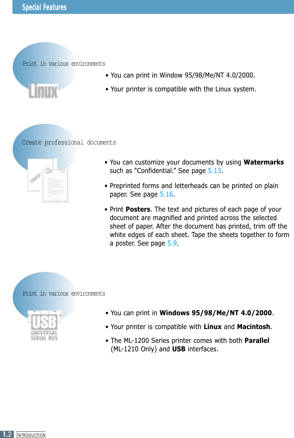 INTRODUCTION1.21.2• You can print in Window 95/98/Me/NT 4.0/2000.• Your printer is compatible with the Linux system.Print in various environmentsSpecial Features• You can customize your documents by using Watermarkssuch as “Confidential.” See page 5.13.• Preprinted forms and letterheads can be printed on plainpaper. See page 5.16.• Print Posters. The text and pictures of each page of yourdocument are magnified and printed across the selectedsheet of paper. After the document has printed, trim off thewhite edges of each sheet. Tape the sheets together to forma poster. See page 5.9.Create professional documents• You can print in Windows 95/98/Me/NT 4.0/2000.• Your printer is compatible with Linux and Macintosh. • The ML-1200 Series printer comes with both Parallel(ML-1210 Only) and USB interfaces.Print in various environments