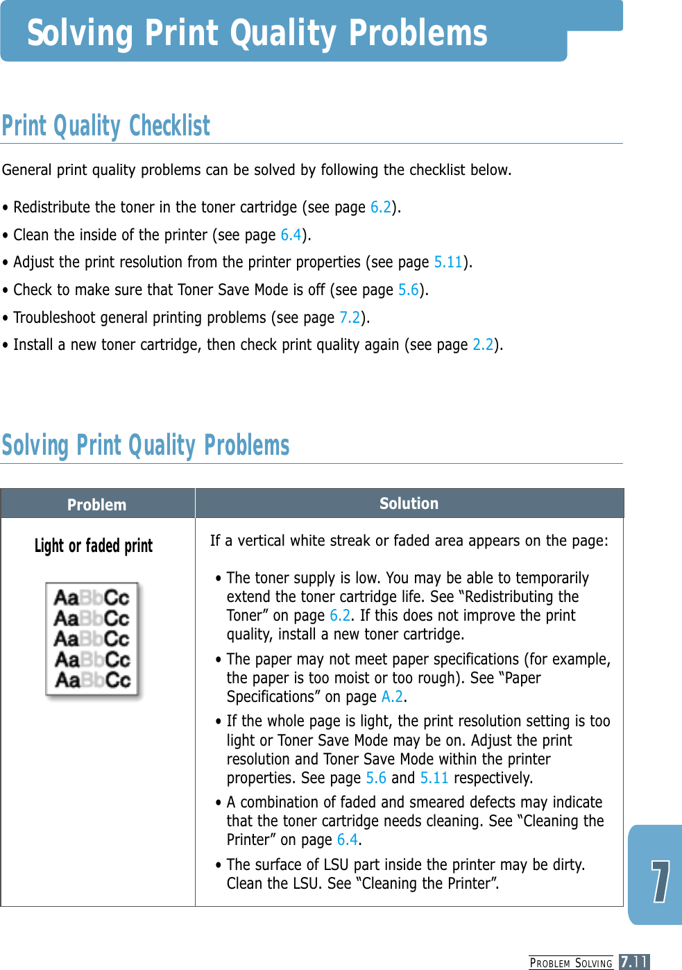 PROBLEM SOLVING7.11Problem SolutionSolving Print Quality ProblemsGeneral print quality problems can be solved by following the checklist below.• Redistribute the toner in the toner cartridge (see page 6.2).• Clean the inside of the printer (see page 6.4).• Adjust the print resolution from the printer properties (see page 5.11).• Check to make sure that Toner Save Mode is off (see page 5.6).• Troubleshoot general printing problems (see page 7.2).• Install a new toner cartridge, then check print quality again (see page 2.2). Print Quality ChecklistSolving Print Quality ProblemsIf a vertical white streak or faded area appears on the page:• The toner supply is low. You may be able to temporarilyextend the toner cartridge life. See “Redistributing theToner” on page 6.2. If this does not improve the printquality, install a new toner cartridge.• The paper may not meet paper specifications (for example,the paper is too moist or too rough). See “PaperSpecifications” on page A.2.• If the whole page is light, the print resolution setting is toolight or Toner Save Mode may be on. Adjust the printresolution and Toner Save Mode within the printerproperties. See page 5.6 and 5.11 respectively.• A combination of faded and smeared defects may indicatethat the toner cartridge needs cleaning. See “Cleaning thePrinter” on page 6.4.• The surface of LSU part inside the printer may be dirty.Clean the LSU. See “Cleaning the Printer”.Light or faded print