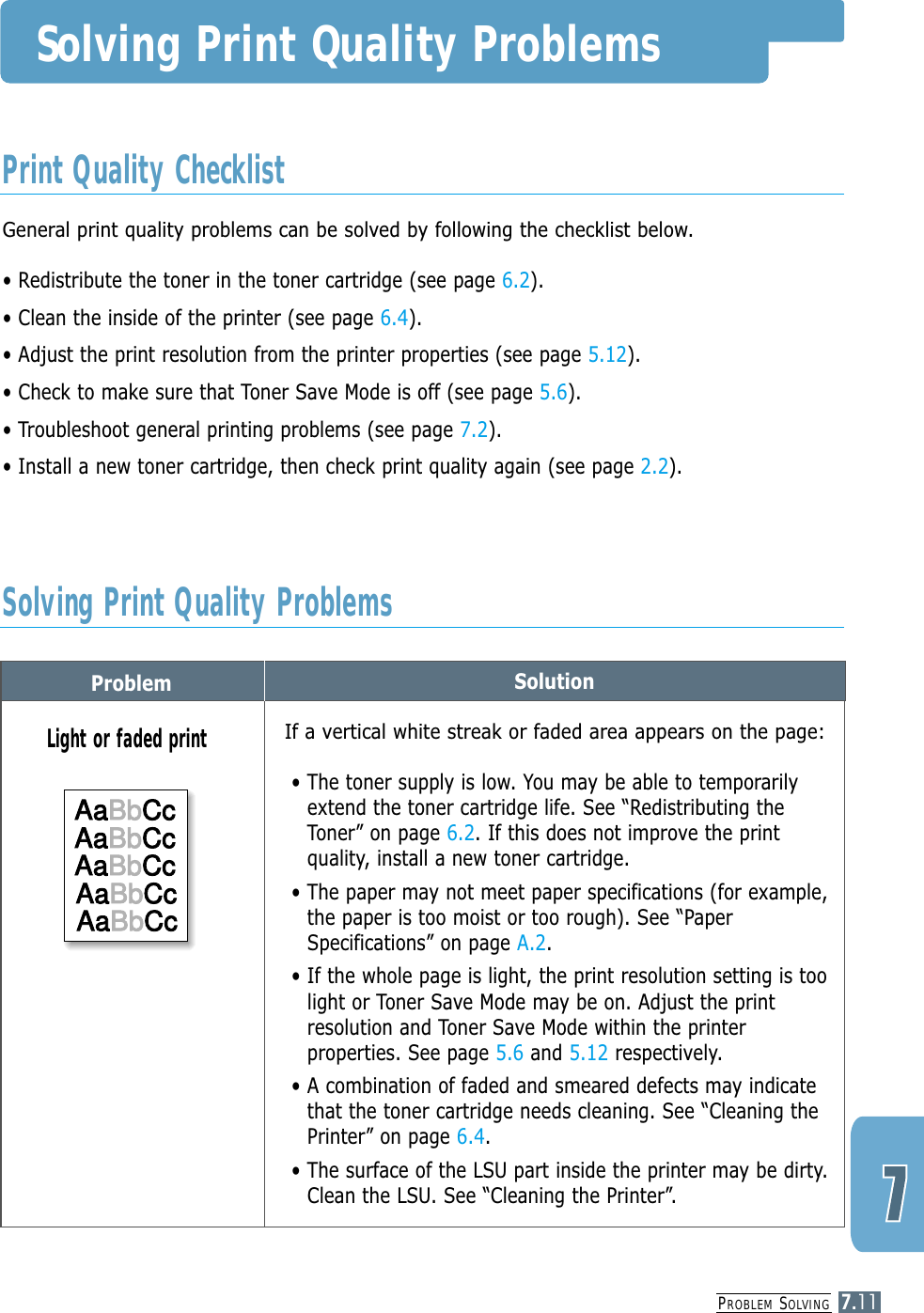 PROBLEM SOLVING7.11Problem SolutionSolving Print Quality ProblemsGeneral print quality problems can be solved by following the checklist below.• Redistribute the toner in the toner cartridge (see page 6.2).• Clean the inside of the printer (see page 6.4).• Adjust the print resolution from the printer properties (see page 5.12).• Check to make sure that Toner Save Mode is off (see page 5.6).• Troubleshoot general printing problems (see page 7.2).• Install a new toner cartridge, then check print quality again (see page 2.2). Print Quality ChecklistSolving Print Quality ProblemsIf a vertical white streak or faded area appears on the page:• The toner supply is low. You may be able to temporarilyextend the toner cartridge life. See “Redistributing theToner” on page 6.2. If this does not improve the printquality, install a new toner cartridge.• The paper may not meet paper specifications (for example,the paper is too moist or too rough). See “PaperSpecifications” on page A.2.• If the whole page is light, the print resolution setting is toolight or Toner Save Mode may be on. Adjust the printresolution and Toner Save Mode within the printerproperties. See page 5.6 and 5.12 respectively.• A combination of faded and smeared defects may indicatethat the toner cartridge needs cleaning. See “Cleaning thePrinter” on page 6.4.• The surface of the LSU part inside the printer may be dirty.Clean the LSU. See “Cleaning the Printer”.Light or faded printAaBbCcAaBbCcAaBbCcAaBbCcAaBbCcAaBbCcAaBbCcAaBbCcAaBbCcAaBbCc