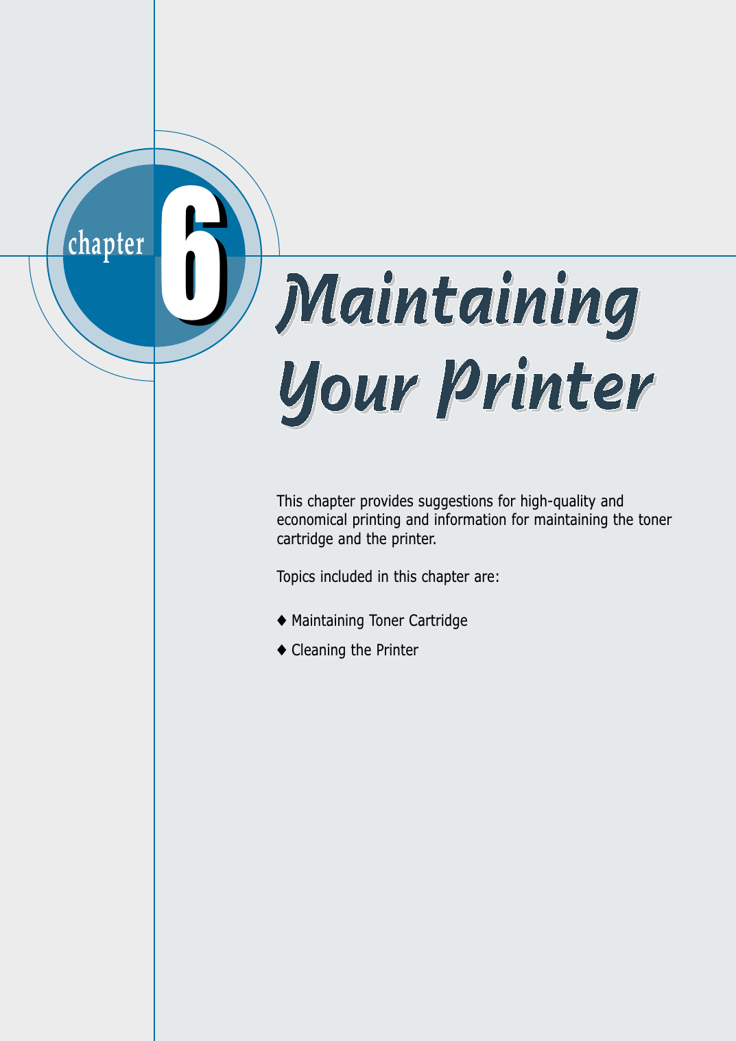 chapter  This chapter provides suggestions for high-quality andeconomical printing and information for maintaining the tonercartridge and the printer. Topics included in this chapter are:◆Maintaining Toner Cartridge◆Cleaning the Printer66