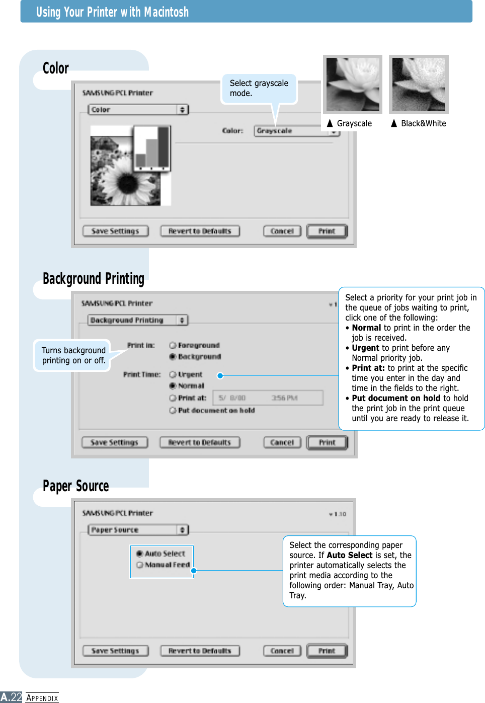 APPENDIXA.22ColorBackground Printing➐Grayscale ➐Black&amp;WhiteSelect a priority for your print job inthe queue of jobs waiting to print,click one of the following:• Normal to print in the order thejob is received.• Urgent to print before anyNormal priority job.• Print at: to print at the specifictime you enter in the day andtime in the fields to the right.• Put document on hold to holdthe print job in the print queueuntil you are ready to release it.Paper SourceSelect the corresponding papersource. If Auto Select is set, theprinter automatically selects theprint media according to thefollowing order: Manual Tray, AutoTray.Select grayscalemode.Turns backgroundprinting on or off.Using Your Printer with Macintosh