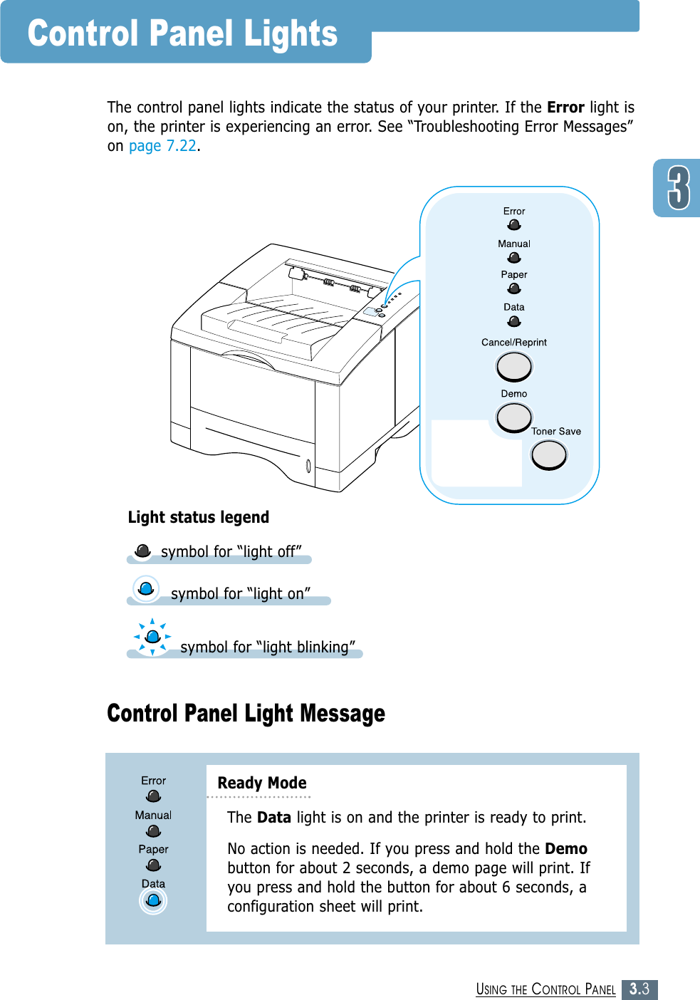 3.3USING THE CONTROL PANELControl Panel Light MessageThe Data light is on and the printer is ready to print. No action is needed. If you press and hold the Demobutton for about 2 seconds, a demo page will print. Ifyou press and hold the button for about 6 seconds, aconfiguration sheet will print.Ready ModeControl Panel LightsThe control panel lights indicate the status of your printer. If the Error light ison, the printer is experiencing an error. See “Troubleshooting Error Messages”on page 7.22.symbol for “light on”symbol for “light blinking”symbol for “light off”Light status legend