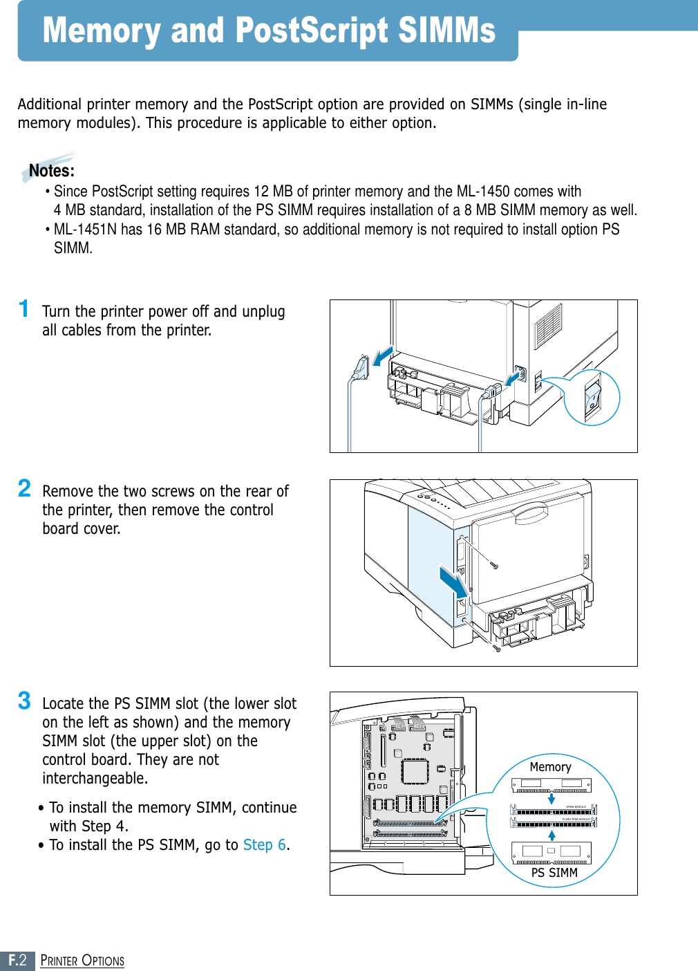 F.2PRINTER OPTIONSMemory and PostScript SIMMsAdditional printer memory and the PostScript option are provided on SIMMs (single in-linememory modules). This procedure is applicable to either option.1Turn the printer power off and unplugall cables from the printer.2Remove the two screws on the rear ofthe printer, then remove the controlboard cover.3Locate the PS SIMM slot (the lower sloton the left as shown) and the memorySIMM slot (the upper slot) on thecontrol board. They are notinterchangeable.• To install the memory SIMM, continuewith Step 4.• To install the PS SIMM, go to Step 6.FLASH-ROM MODULEDRAM MODULEMemoryPS SIMMNotes:• Since PostScript setting requires 12 MB of printer memory and the ML-1450 comes with 4 MB standard, installation of the PS SIMM requires installation of a 8 MB SIMM memory as well.• ML-1451N has 16 MB RAM standard, so additional memory is not required to install option PSSIMM.