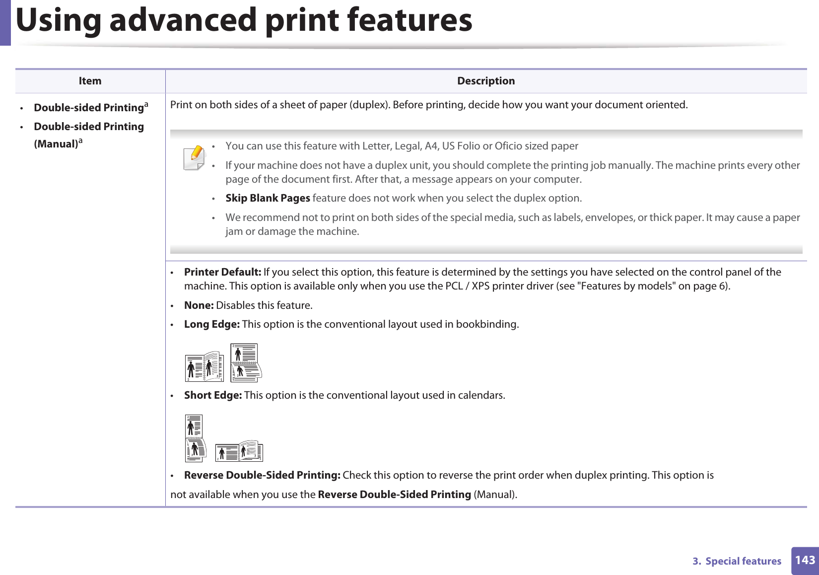 Using advanced print features1433.  Special features•Double-sided Printinga•Double-sided Printing (Manual)aPrint on both sides of a sheet of paper (duplex). Before printing, decide how you want your document oriented.  • You can use this feature with Letter, Legal, A4, US Folio or Oficio sized paper • If your machine does not have a duplex unit, you should complete the printing job manually. The machine prints every other page of the document first. After that, a message appears on your computer.•Skip Blank Pages feature does not work when you select the duplex option.• We recommend not to print on both sides of the special media, such as labels, envelopes, or thick paper. It may cause a paper jam or damage the machine. •Printer Default: If you select this option, this feature is determined by the settings you have selected on the control panel of the machine. This option is available only when you use the PCL / XPS printer driver (see &quot;Features by models&quot; on page 6).•None: Disables this feature.•Long Edge: This option is the conventional layout used in bookbinding.•Short Edge: This option is the conventional layout used in calendars.•Reverse Double-Sided Printing: Check this option to reverse the print order when duplex printing. This option isnot available when you use the Reverse Double-Sided Printing (Manual).Item Description