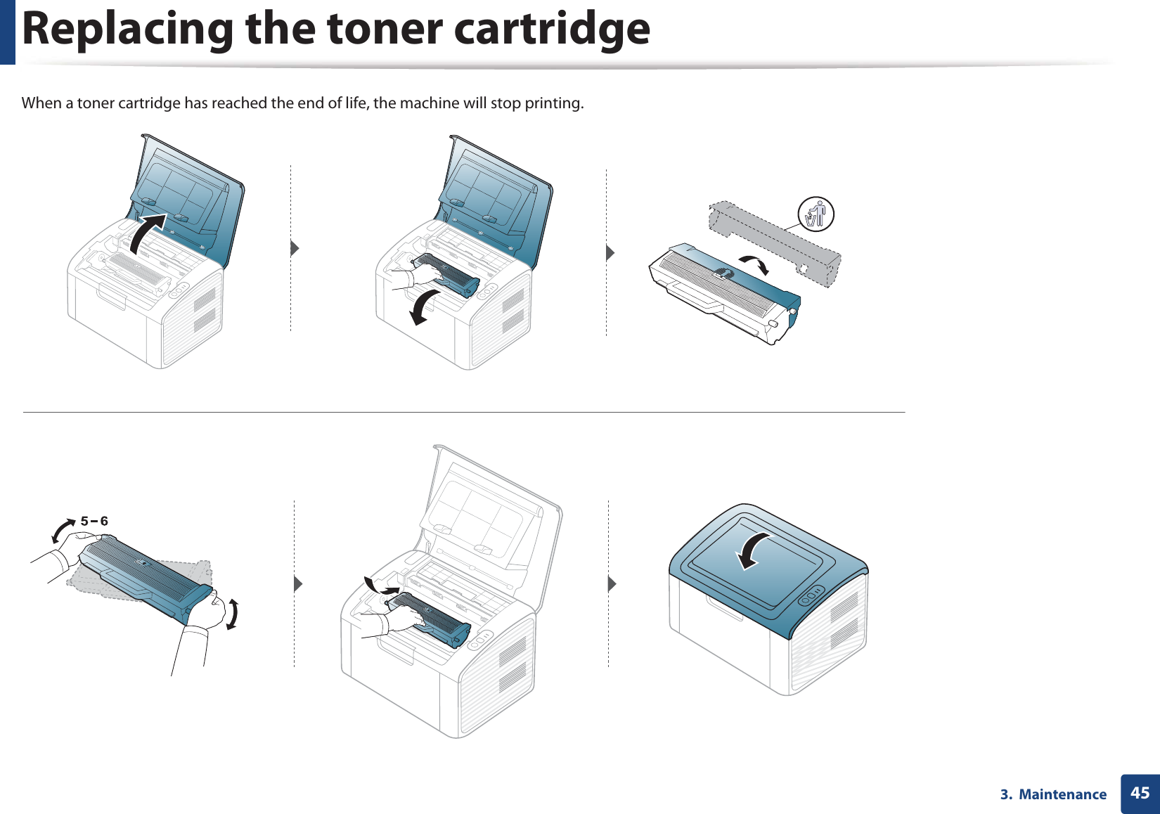 Replacing the toner cartridge453.  MaintenanceWhen a toner cartridge has reached the end of life, the machine will stop printing.