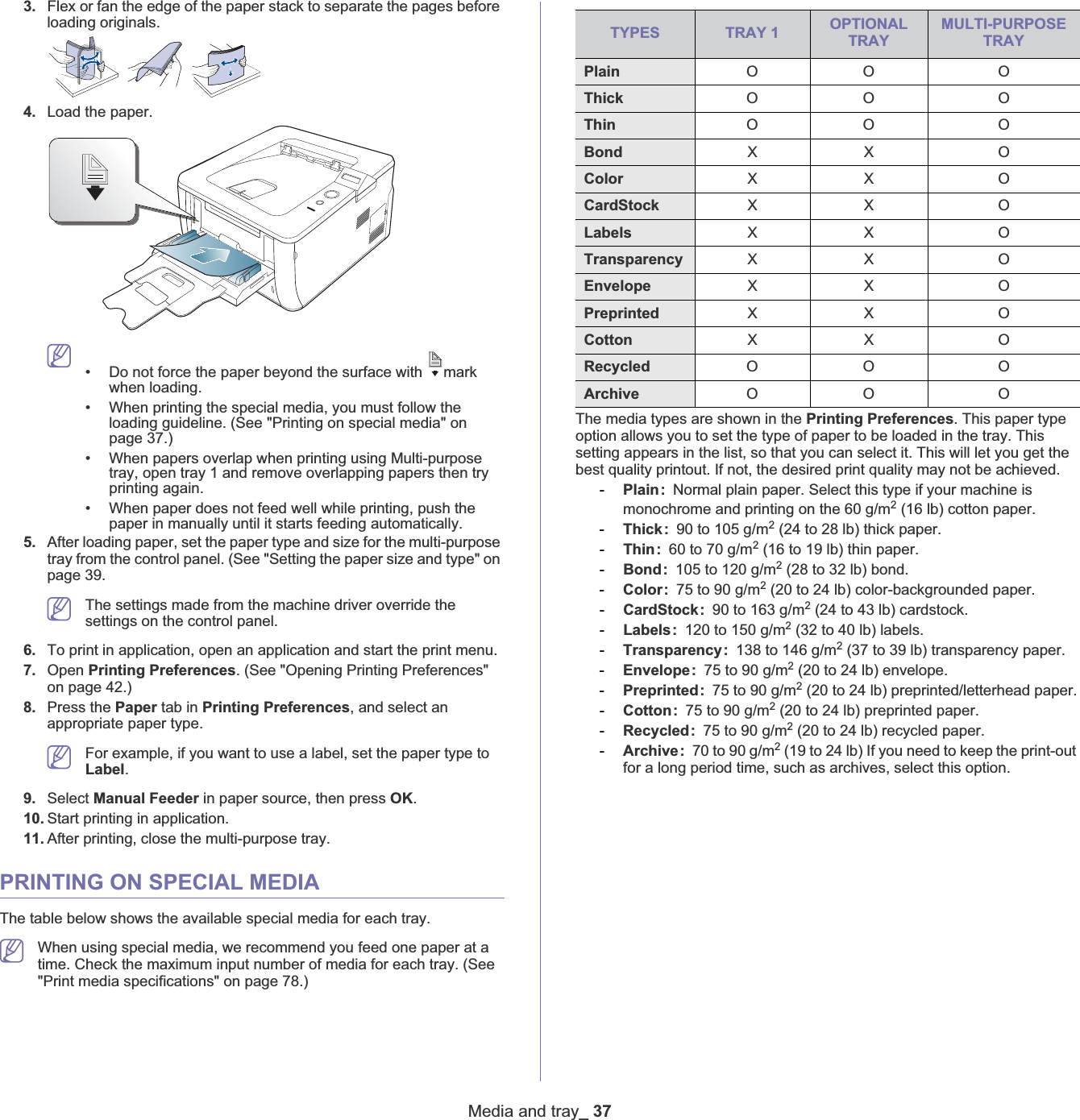 Media and tray_ 373. Flex or fan the edge of the paper stack to separate the pages before loading originals.4. Load the paper.• Do not force the paper beyond the surface with  markwhen loading. • When printing the special media, you must follow the loading guideline. (See &quot;Printing on special media&quot; on page 37.)• When papers overlap when printing using Multi-purpose tray, open tray 1 and remove overlapping papers then try printing again. • When paper does not feed well while printing, push the paper in manually until it starts feeding automatically. 5. After loading paper, set the paper type and size for the multi-purpose tray from the control panel. (See &quot;Setting the paper size and type&quot; on page 39.The settings made from the machine driver override the settings on the control panel.6. To print in application, open an application and start the print menu.7. Open Printing Preferences. (See &quot;Opening Printing Preferences&quot; on page 42.)8. Press the Paper tab in Printing Preferences, and select an appropriate paper type. For example, if you want to use a label, set the paper type to Label.9. Select Manual Feeder in paper source, then press OK.10. Start printing in application.11. After printing, close the multi-purpose tray.PRINTING ON SPECIAL MEDIAThe table below shows the available special media for each tray. When using special media, we recommend you feed one paper at a time. Check the maximum input number of media for each tray. (See &quot;Print media specifications&quot; on page 78.)The media types are shown in the Printing Preferences. This paper type option allows you to set the type of paper to be loaded in the tray. This setting appears in the list, so that you can select it. This will let you get the best quality printout. If not, the desired print quality may not be achieved.-Plain: Normal plain paper. Select this type if your machine is monochrome and printing on the 60 g/m2 (16 lb) cotton paper.-Thick: 90 to 105 g/m2 (24 to 28 lb) thick paper.-Thin: 60 to 70 g/m2 (16 to 19 lb) thin paper.-Bond: 105 to 120 g/m2 (28 to 32 lb) bond. -Color: 75 to 90 g/m2 (20 to 24 lb) color-backgrounded paper.-CardStock: 90 to 163 g/m2 (24 to 43 lb) cardstock. -Labels: 120 to 150 g/m2 (32 to 40 lb) labels. -Transparency: 138 to 146 g/m2 (37 to 39 lb) transparency paper. -Envelope: 75 to 90 g/m2 (20 to 24 lb) envelope.-Preprinted: 75 to 90 g/m2 (20 to 24 lb) preprinted/letterhead paper.-Cotton: 75 to 90 g/m2 (20 to 24 lb) preprinted paper.-Recycled: 75 to 90 g/m2 (20 to 24 lb) recycled paper.-Archive: 70 to 90 g/m2 (19 to 24 lb) If you need to keep the print-out for a long period time, such as archives, select this option. TYPES TRAY 1 OPTIONAL TRAYMULTI-PURPOSETRAYPlain OO OThick  OO OThin  OO OBond XX OColor XX OCardStock XX OLabels XX OTransparency XX OEnvelope XX OPreprinted  XX OCotton XX ORecycled OO OArchive OO O