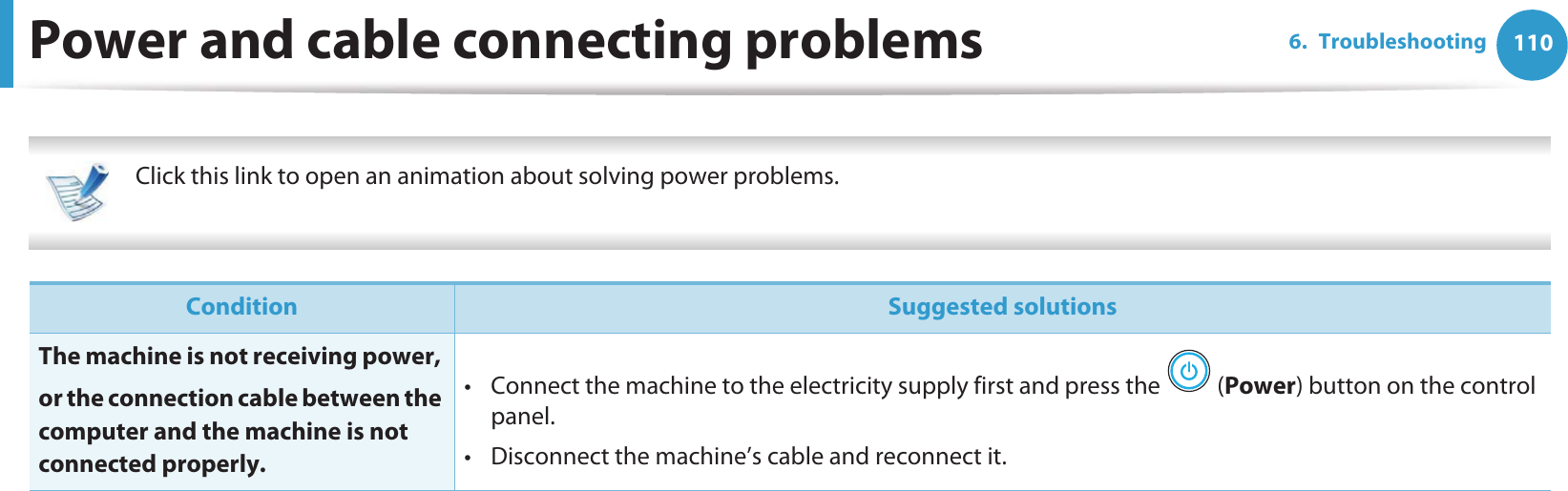 1106. TroubleshootingPower and cable connecting problems Click this link to open an animation about solving power problems.   Condition Suggested solutionsThe machine is not receiving power, or the connection cable between the computer and the machine is not connected properly.• Connect the machine to the electricity supply first and press the   (Power) button on the control panel.• Disconnect the machine’s cable and reconnect it.
