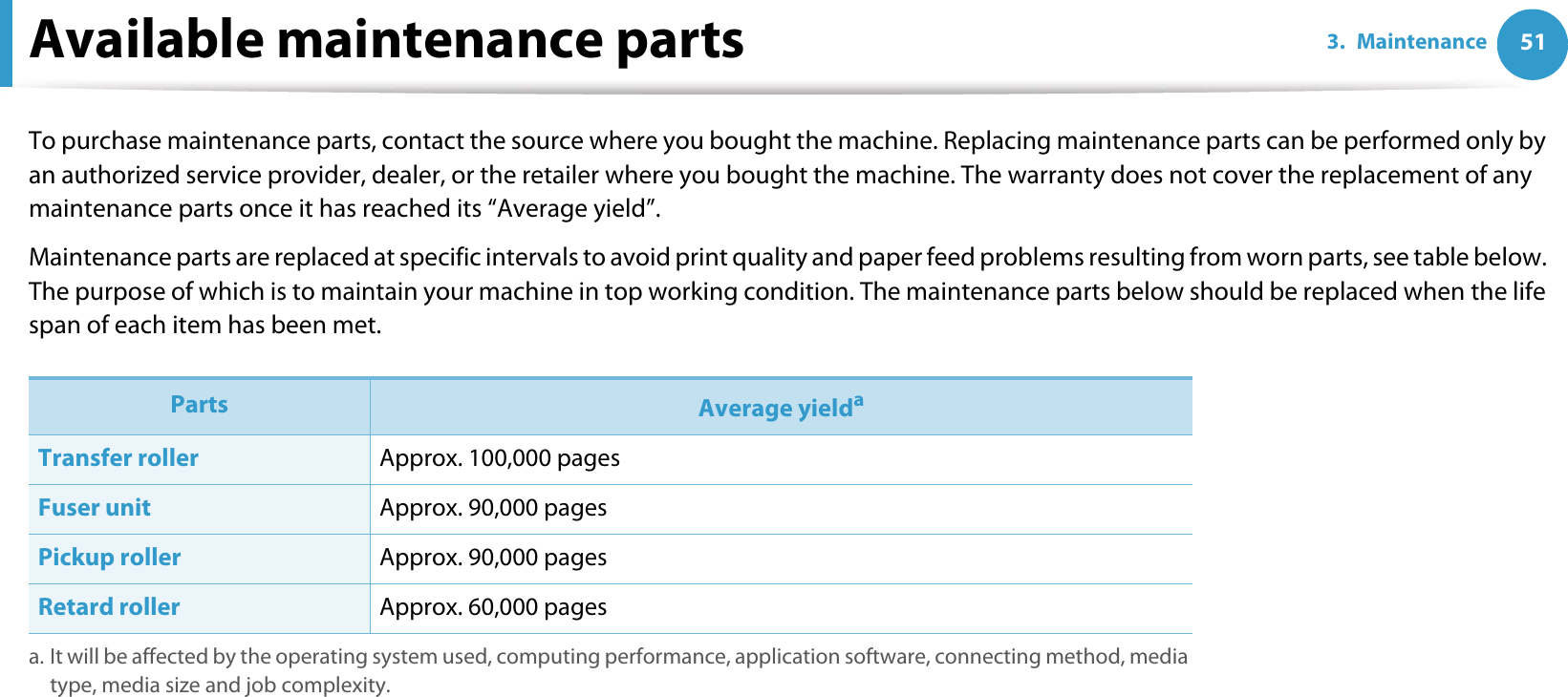 513. MaintenanceAvailable maintenance partsTo purchase maintenance parts, contact the source where you bought the machine. Replacing maintenance parts can be performed only by an authorized service provider, dealer, or the retailer where you bought the machine. The warranty does not cover the replacement of any maintenance parts once it has reached its “Average yield”.Maintenance parts are replaced at specific intervals to avoid print quality and paper feed problems resulting from worn parts, see table below. The purpose of which is to maintain your machine in top working condition. The maintenance parts below should be replaced when the life span of each item has been met.Parts Average yieldaa. It will be affected by the operating system used, computing performance, application software, connecting method, media type, media size and job complexity.Transfer roller Approx. 100,000 pages Fuser unit Approx. 90,000 pagesPickup roller Approx. 90,000 pagesRetard roller Approx. 60,000 pages