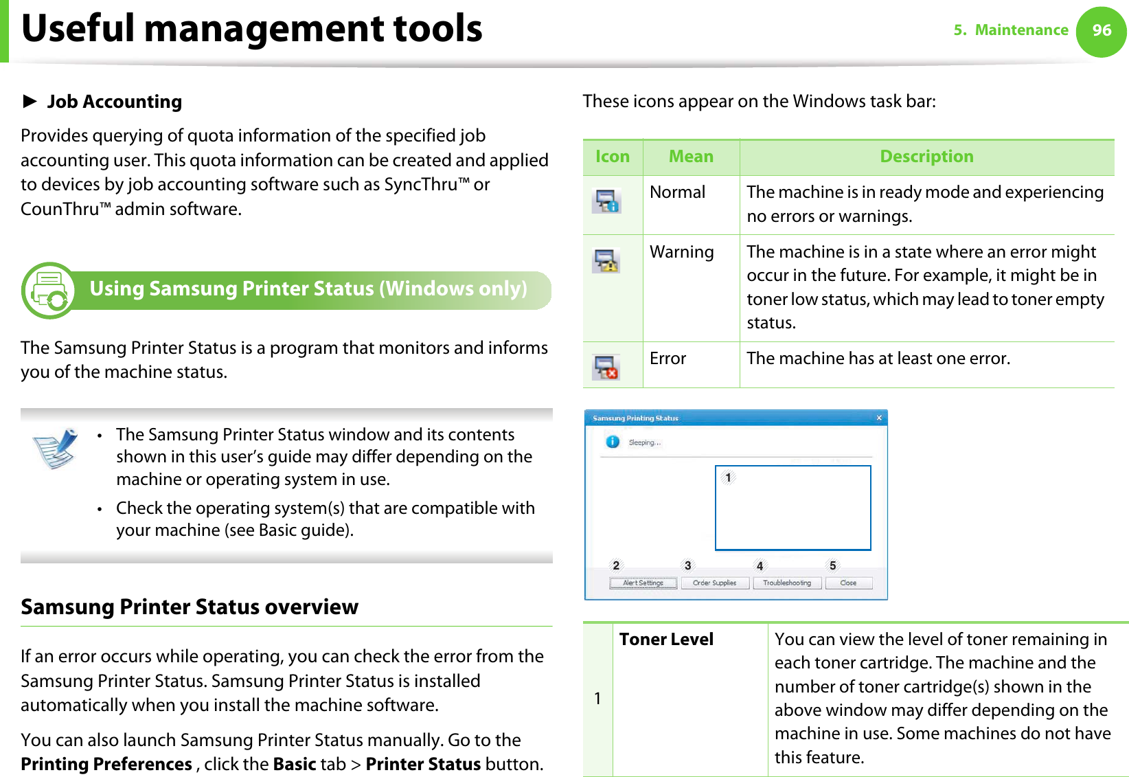 Useful management tools 965. MaintenanceŹJob AccountingProvides querying of quota information of the specified job accounting user. This quota information can be created and applied to devices by job accounting software such as SyncThru™ or CounThru™ admin software.7 Using Samsung Printer Status (Windows only)The Samsung Printer Status is a program that monitors and informs you of the machine status.  • The Samsung Printer Status window and its contents shown in this user’s guide may differ depending on the machine or operating system in use.• Check the operating system(s) that are compatible with your machine (see Basic guide). Samsung Printer Status overviewIf an error occurs while operating, you can check the error from the Samsung Printer Status. Samsung Printer Status is installed automatically when you install the machine software. You can also launch Samsung Printer Status manually. Go to the Printing Preferences , click the Basic tab &gt; Printer Status button.These icons appear on the Windows task bar:Icon Mean DescriptionNormal The machine is in ready mode and experiencing no errors or warnings.Warning The machine is in a state where an error might occur in the future. For example, it might be in toner low status, which may lead to toner empty status. Error The machine has at least one error.1Toner Level You can view the level of toner remaining in each toner cartridge. The machine and the number of toner cartridge(s) shown in the above window may differ depending on the machine in use. Some machines do not have this feature.134 2 5