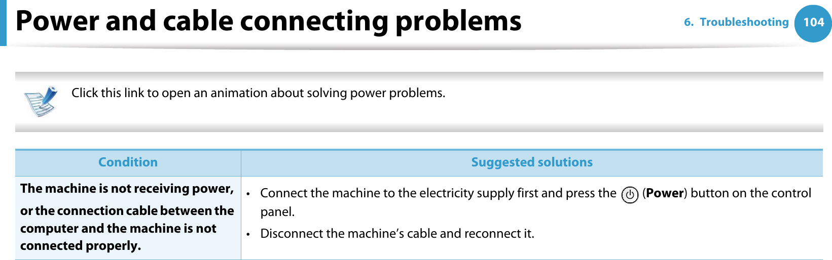 1046. TroubleshootingPower and cable connecting problems Click this link to open an animation about solving power problems.   Condition Suggested solutionsThe machine is not receiving power, or the connection cable between the computer and the machine is not connected properly.• Connect the machine to the electricity supply first and press the   (Power) button on the control panel.• Disconnect the machine’s cable and reconnect it.