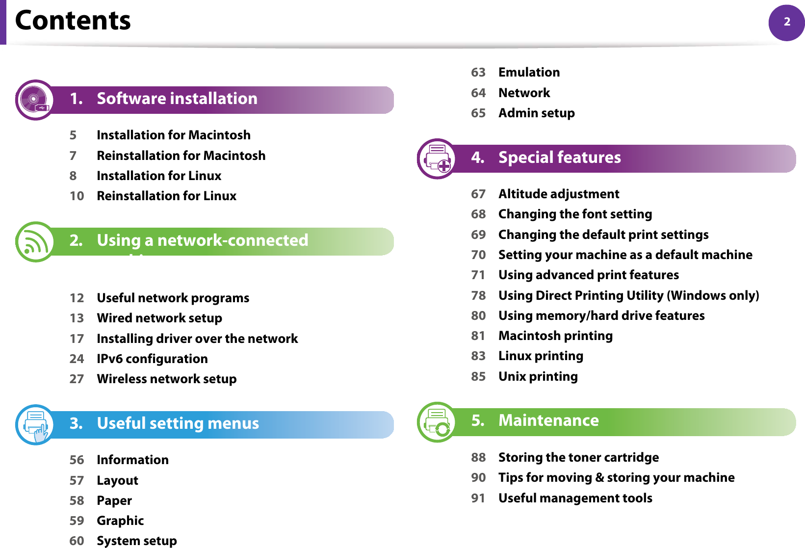 2Contents1. Software installation5Installation for Macintosh7Reinstallation for Macintosh8Installation for Linux10 Reinstallation for Linux2. Using a network-connected machine12 Useful network programs13 Wired network setup17 Installing driver over the network24 IPv6 configuration27 Wireless network setup3. Useful setting menus56 Information57 Layout58 Paper59 Graphic60 System setup63 Emulation64 Network65 Admin setup4. Special features67 Altitude adjustment68 Changing the font setting69 Changing the default print settings70 Setting your machine as a default machine71 Using advanced print features78 Using Direct Printing Utility (Windows only)80 Using memory/hard drive features81 Macintosh printing83 Linux printing85 Unix printing5. Maintenance88 Storing the toner cartridge90 Tips for moving &amp; storing your machine91 Useful management tools