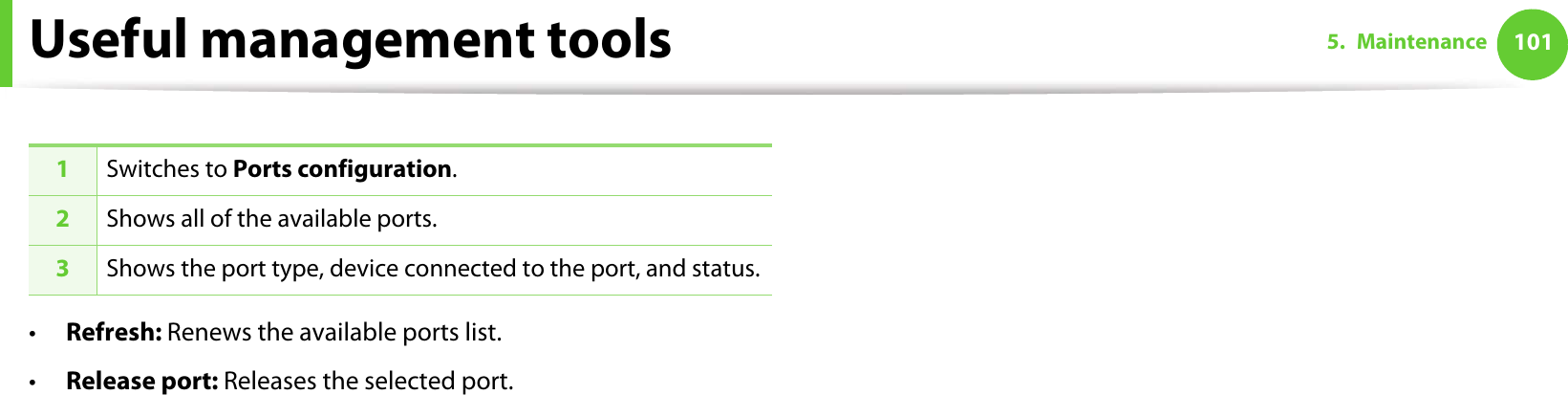 Useful management tools 1015. Maintenance•Refresh: Renews the available ports list.•Release port: Releases the selected port.1Switches to Ports configuration.2Shows all of the available ports.3Shows the port type, device connected to the port, and status.
