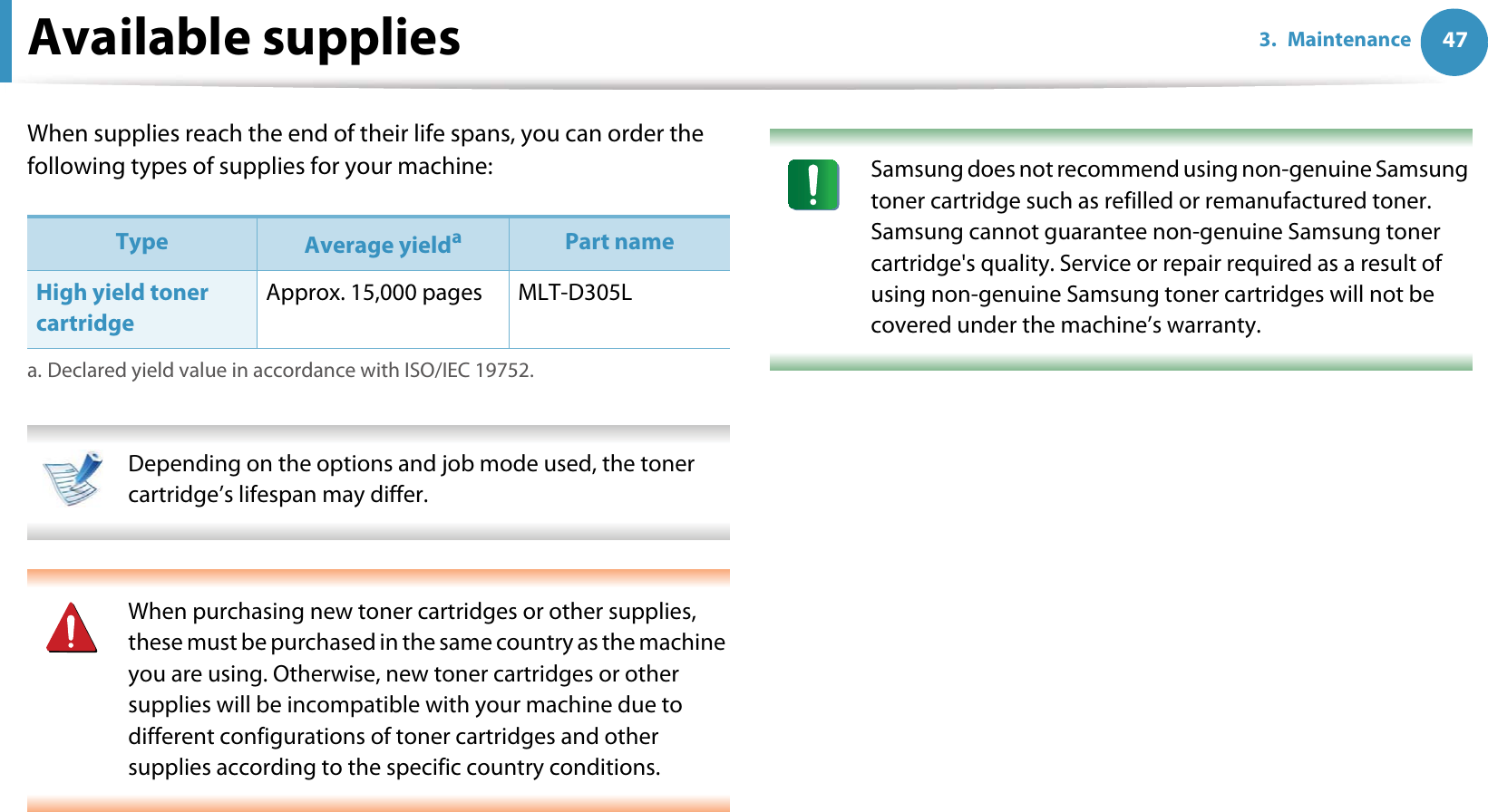 473. MaintenanceAvailable suppliesWhen supplies reach the end of their life spans, you can order the following types of supplies for your machine: Depending on the options and job mode used, the toner cartridge’s lifespan may differ.  When purchasing new toner cartridges or other supplies, these must be purchased in the same country as the machine you are using. Otherwise, new toner cartridges or other supplies will be incompatible with your machine due to different configurations of toner cartridges and other supplies according to the specific country conditions.  Samsung does not recommend using non-genuine Samsung toner cartridge such as refilled or remanufactured toner. Samsung cannot guarantee non-genuine Samsung toner cartridge&apos;s quality. Service or repair required as a result of using non-genuine Samsung toner cartridges will not be covered under the machine’s warranty. Type Average yieldaa. Declared yield value in accordance with ISO/IEC 19752.Part nameHigh yield toner cartridgeApprox. 15,000 pages MLT-D305L