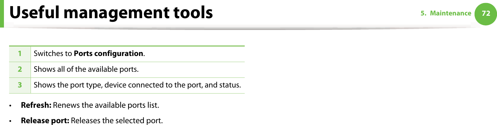 Useful management tools 725. Maintenance•Refresh: Renews the available ports list.•Release port: Releases the selected port.1Switches to Ports configuration.2Shows all of the available ports.3Shows the port type, device connected to the port, and status.