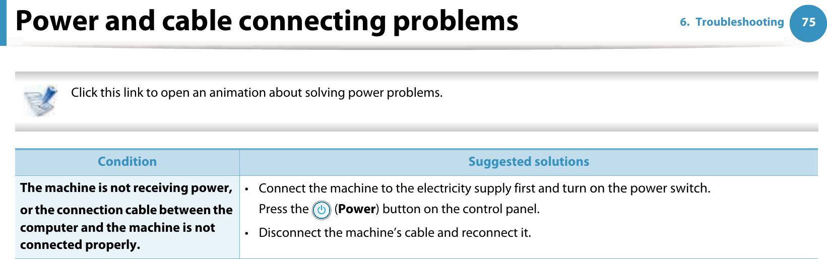 756. TroubleshootingPower and cable connecting problems Click this link to open an animation about solving power problems.   Condition Suggested solutionsThe machine is not receiving power, or the connection cable between the computer and the machine is not connected properly.• Connect the machine to the electricity supply first and turn on the power switch.Press the   (Power) button on the control panel.• Disconnect the machine’s cable and reconnect it.