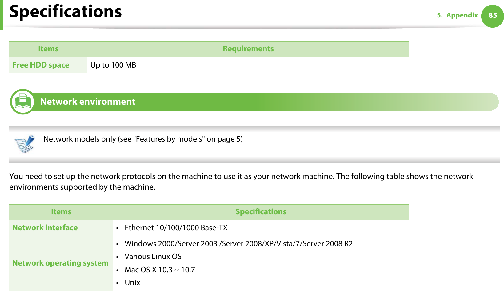 Specifications 855. Appendix4Network environment Network models only (see &quot;Features by models&quot; on page 5) You need to set up the network protocols on the machine to use it as your network machine. The following table shows the network environments supported by the machine. Free HDD space Up to 100 MBItems SpecificationsNetwork interface • Ethernet 10/100/1000 Base-TXNetwork operating system• Windows 2000/Server 2003 /Server 2008/XP/Vista/7/Server 2008 R2•Various Linux OS• Mac OS X 10.3 ~ 10.7•UnixItems Requirements