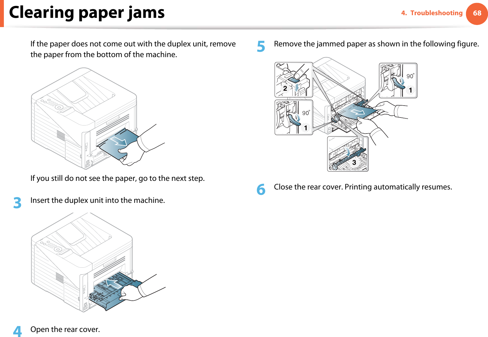 Clearing paper jams 684. TroubleshootingIf the paper does not come out with the duplex unit, remove the paper from the bottom of the machine. If you still do not see the paper, go to the next step.3  Insert the duplex unit into the machine.4  Open the rear cover.5  Remove the jammed paper as shown in the following figure.6  Close the rear cover. Printing automatically resumes.311 2 3