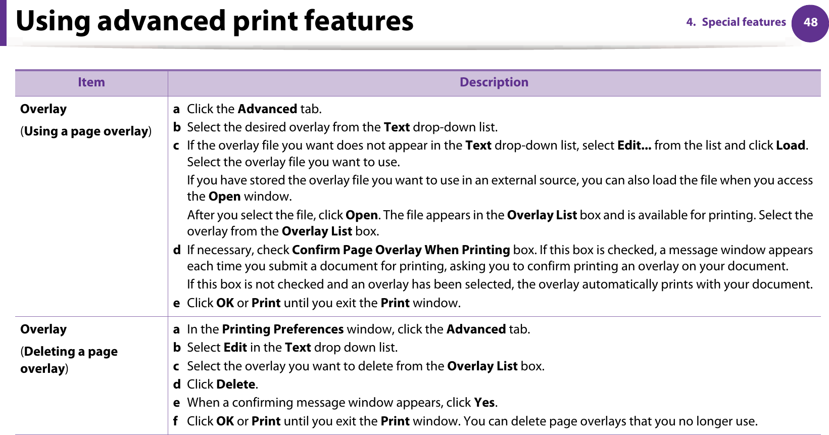 Using advanced print features 484. Special featuresOverlay(Using a page overlay)a  Click the Advanced tab. b  Select the desired overlay from the Text drop-down list. c  If the overlay file you want does not appear in the Text drop-down list, select Edit... from the list and click Load. Select the overlay file you want to use. If you have stored the overlay file you want to use in an external source, you can also load the file when you access the Open window. After you select the file, click Open. The file appears in the Overlay List box and is available for printing. Select the overlay from the Overlay List box. d  If necessary, check Confirm Page Overlay When Printing box. If this box is checked, a message window appears each time you submit a document for printing, asking you to confirm printing an overlay on your document. If this box is not checked and an overlay has been selected, the overlay automatically prints with your document. e  Click OK or Print until you exit the Print window. Overlay(Deleting a page overlay)a  In the Printing Preferences window, click the Advanced tab. b  Select Edit in the Text drop down list. c  Select the overlay you want to delete from the Overlay List box. d  Click Delete. e  When a confirming message window appears, click Yes.f  Click OK or Print until you exit the Print window. You can delete page overlays that you no longer use.Item Description