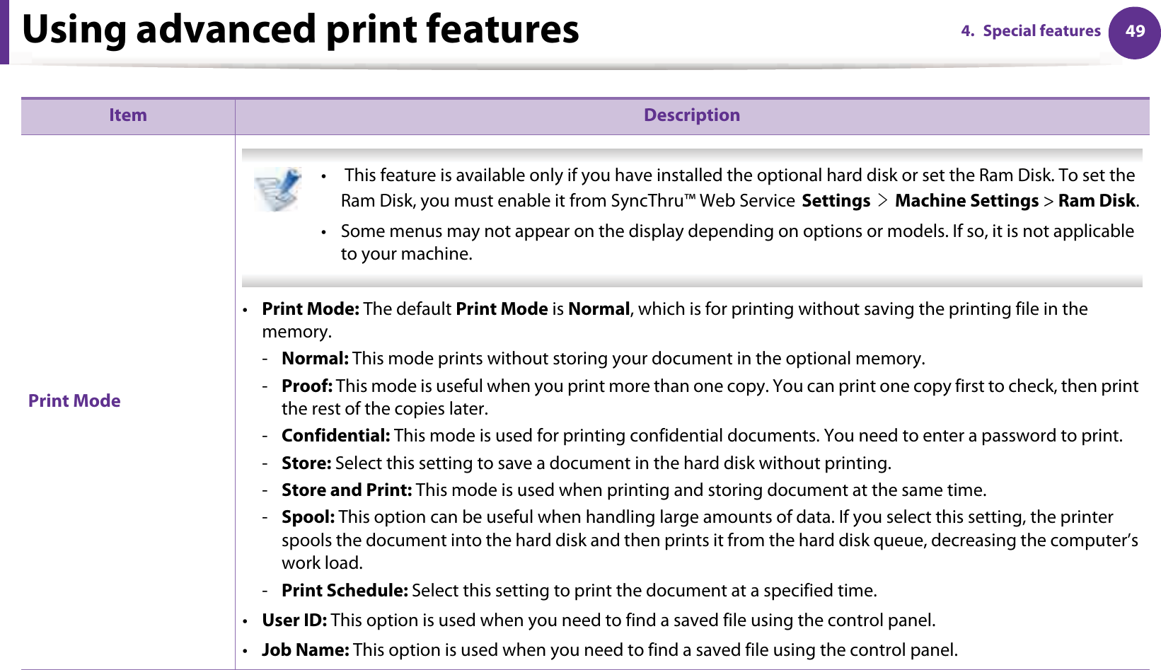 Using advanced print features 494. Special features Print Mode •  This feature is available only if you have installed the optional hard disk or set the Ram Disk. To set the Ram Disk, you must enable it from SyncThru™ Web ServiceGSettingsGeGMachine Settings &gt; Ram Disk.• Some menus may not appear on the display depending on options or models. If so, it is not applicable to your machine. •Print Mode: The default Print Mode is Normal, which is for printing without saving the printing file in the memory. -Normal: This mode prints without storing your document in the optional memory. -Proof: This mode is useful when you print more than one copy. You can print one copy first to check, then print the rest of the copies later. -Confidential: This mode is used for printing confidential documents. You need to enter a password to print. -Store: Select this setting to save a document in the hard disk without printing. -Store and Print: This mode is used when printing and storing document at the same time.-Spool: This option can be useful when handling large amounts of data. If you select this setting, the printer spools the document into the hard disk and then prints it from the hard disk queue, decreasing the computer’s work load.-Print Schedule: Select this setting to print the document at a specified time.•User ID: This option is used when you need to find a saved file using the control panel. •Job Name: This option is used when you need to find a saved file using the control panel. Item Description