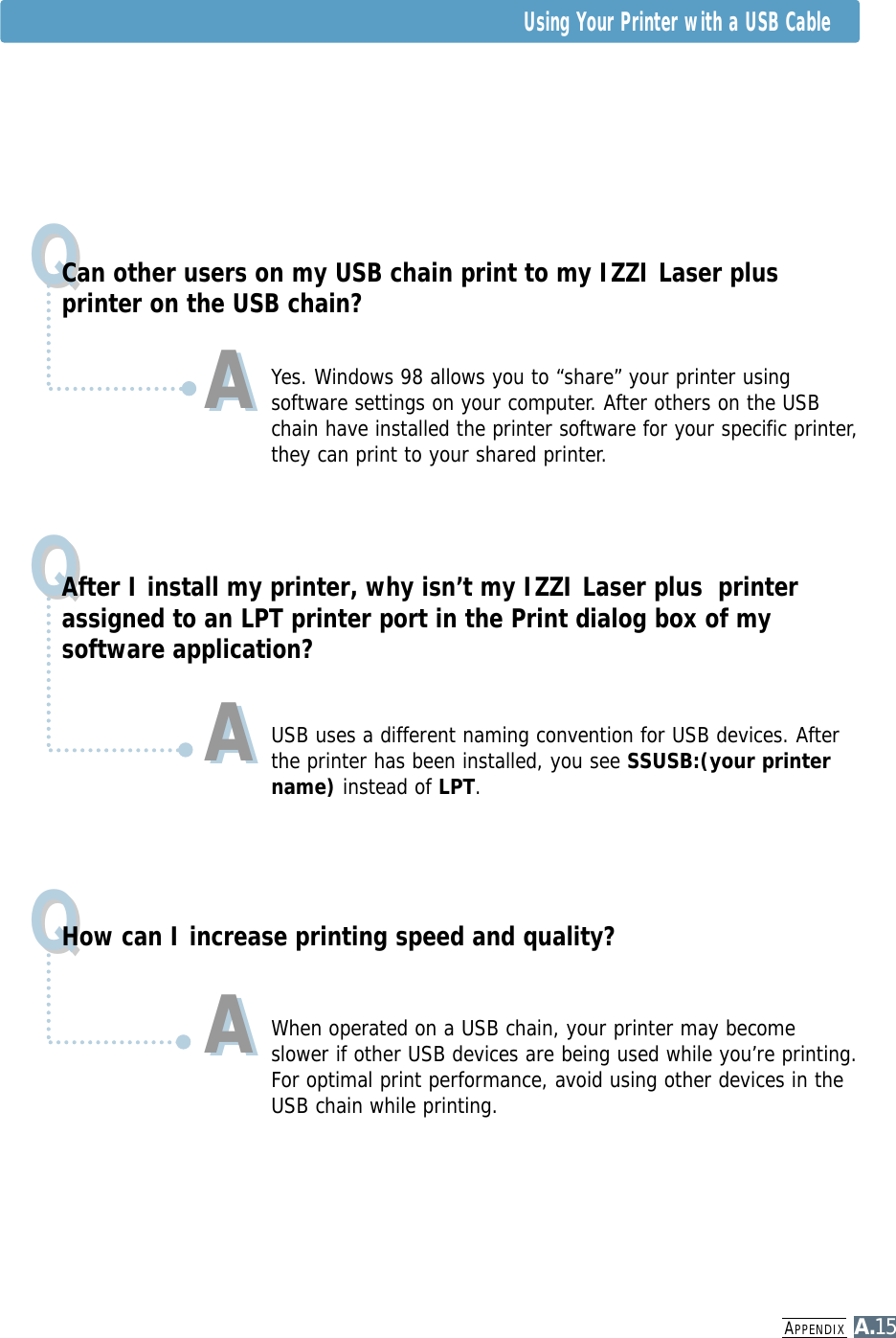 APPENDIXA.15Using Your Printer with a USB CableQQQQQQCan other users on my USB chain print to my IZZI Laser plusprinter on the USB chain?Yes. Windows 98 allows you to “share” your printer usingsoftware settings on your computer. After others on the USBchain have installed the printer software for your specific printer,they can print to your shared printer. After I install my printer, why isn’t my IZZI Laser plus  printerassigned to an LPT printer port in the Print dialog box of mysoftware application?USB uses a different naming convention for USB devices. Afterthe printer has been installed, you see SSUSB:(your printername) instead of LPT.How can I increase printing speed and quality?When operated on a USB chain, your printer may becomeslower if other USB devices are being used while you’re printing.For optimal print performance, avoid using other devices in theUSB chain while printing.AAAAAA