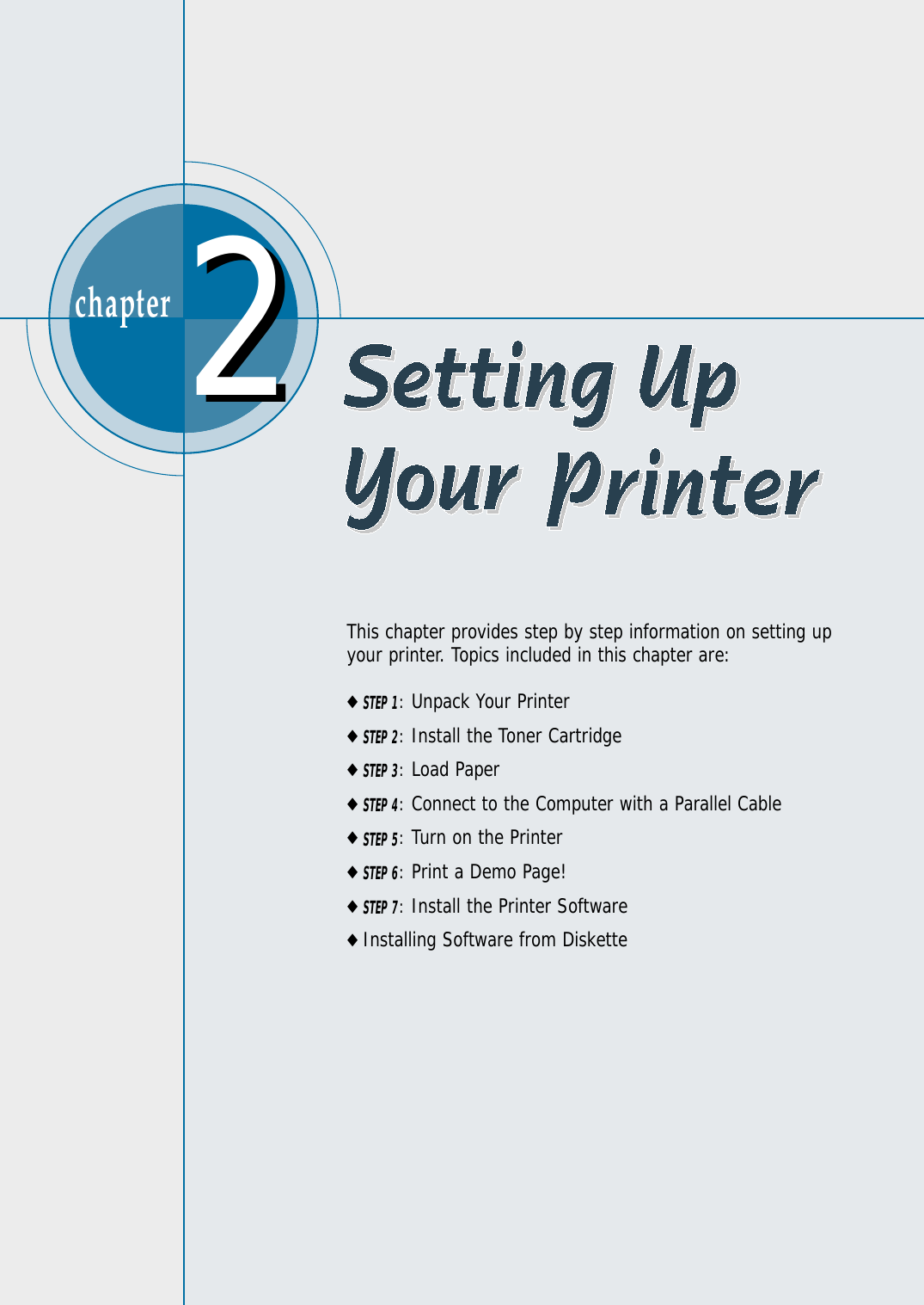 chapter  This chapter provides step by step information on setting upyour printer. Topics included in this chapter are:◆STEP 1:Unpack Your Printer◆STEP 2:Install the Toner Cartridge◆STEP 3:Load Paper◆STEP 4:Connect to the Computer with a Parallel Cable◆STEP 5:Turn on the Printer◆STEP 6:Print a Demo Page!◆STEP 7:Install the Printer Software◆Installing Software from Diskette22