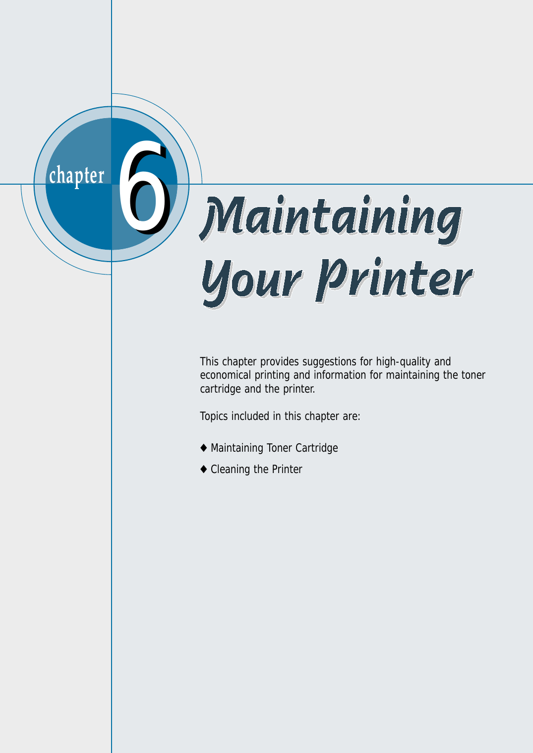 chapter  This chapter provides suggestions for high-quality andeconomical printing and information for maintaining the tonercartridge and the printer. Topics included in this chapter are:◆Maintaining Toner Cartridge◆Cleaning the Printer66