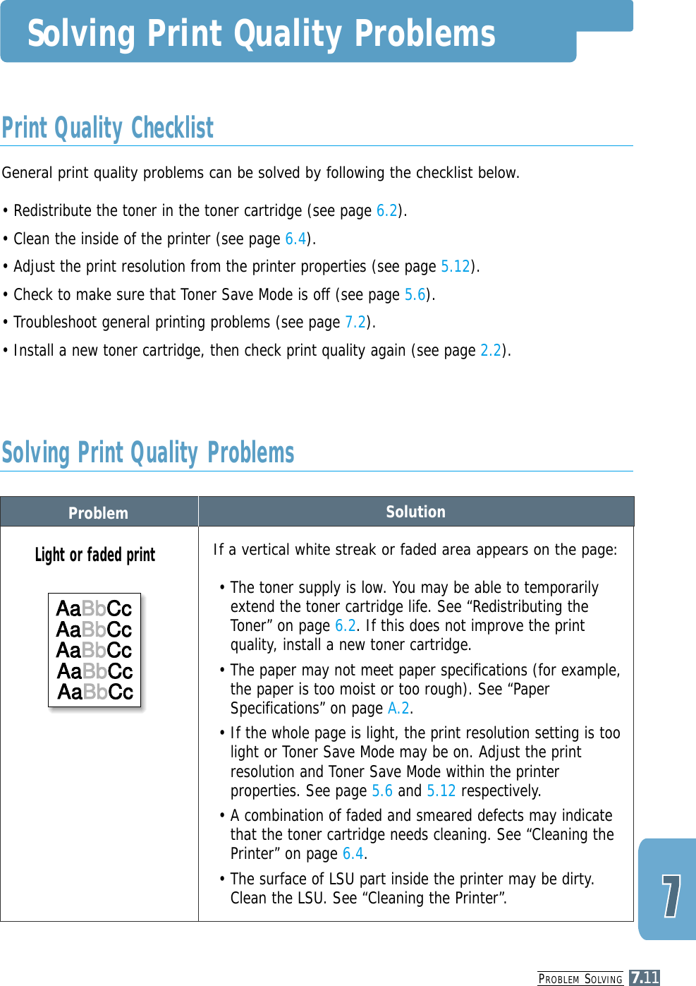 PROBLEM SOLVING7.11Problem SolutionSolving Print Quality ProblemsGeneral print quality problems can be solved by following the checklist below.• Redistribute the toner in the toner cartridge (see page 6.2).• Clean the inside of the printer (see page 6.4).• Adjust the print resolution from the printer properties (see page 5.12).• Check to make sure that Toner Save Mode is off (see page 5.6).• Troubleshoot general printing problems (see page 7.2).• Install a new toner cartridge, then check print quality again (see page 2.2). Print Quality ChecklistSolving Print Quality ProblemsIf a vertical white streak or faded area appears on the page:• The toner supply is low. You may be able to temporarilyextend the toner cartridge life. See “Redistributing theToner” on page 6.2. If this does not improve the printquality, install a new toner cartridge.• The paper may not meet paper specifications (for example,the paper is too moist or too rough). See “PaperSpecifications” on page A.2.• If the whole page is light, the print resolution setting is toolight or Toner Save Mode may be on. Adjust the printresolution and Toner Save Mode within the printerproperties. See page 5.6 and 5.12 respectively.• A combination of faded and smeared defects may indicatethat the toner cartridge needs cleaning. See “Cleaning thePrinter” on page 6.4.• The surface of LSU part inside the printer may be dirty.Clean the LSU. See “Cleaning the Printer”.Light or faded printAaBbCcAaBbCcAaBbCcAaBbCcAaBbCcAaBbCcAaBbCcAaBbCcAaBbCcAaBbCc