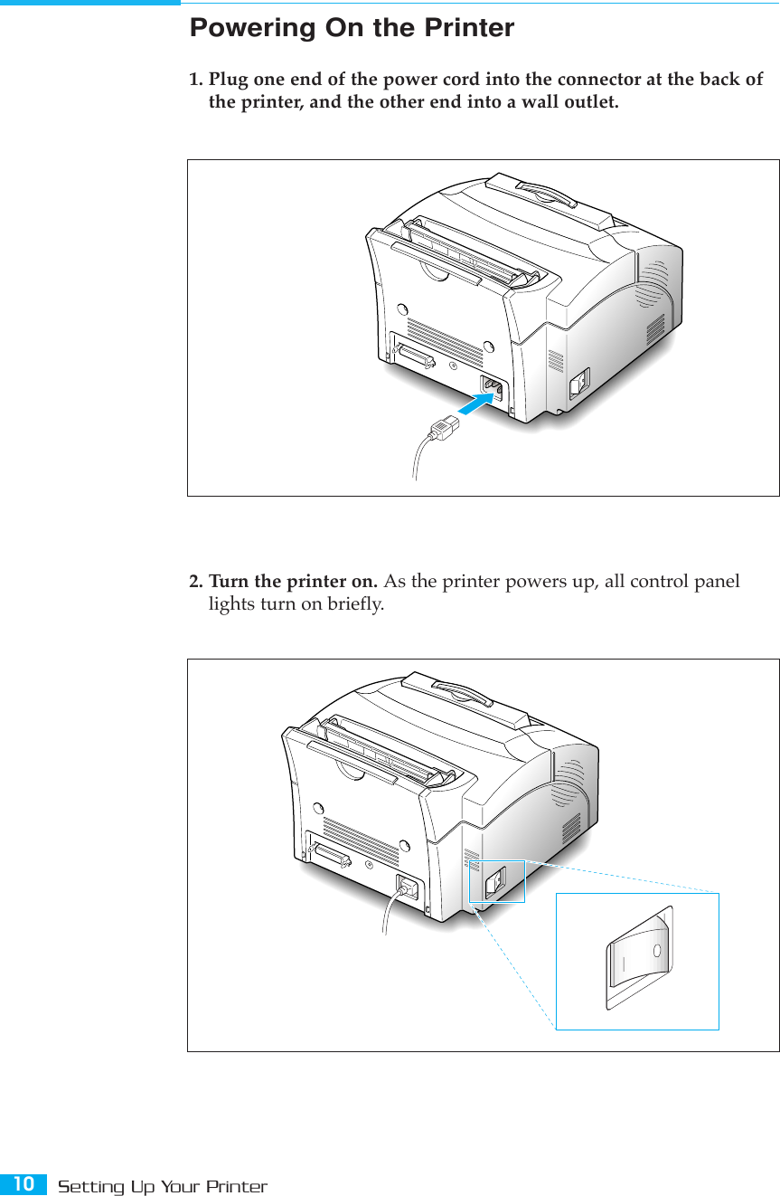 10 Setting Up Your PrinterPowering On the Printer1. Plug one end of the power cord into the connector at the back ofthe printer, and the other end into a wall outlet.2. Turn the printer on. As the printer powers up, all control panellights turn on briefly.