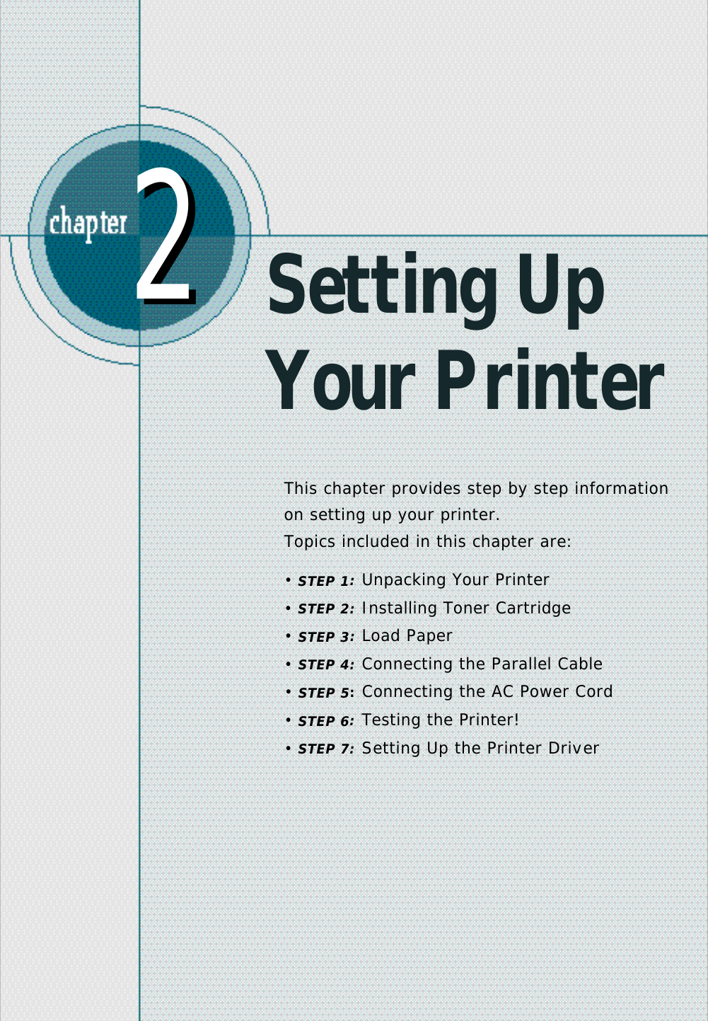 Setting Up    Your PrinterThis chapter provides step by step informationon setting up your printer.Topics included in this chapter are:• S T E P 1 :Unpacking Your Printer• S T E P 2 :Installing Toner Cartridge• S T E P 3 :Load Pa p e r• S T E P 4 :Connecting the Pa r allel Cable• S T E P 5:Connecting the AC Power Cord• S T E P 6:Testing the Printer!• S T E P 7:Setting Up the Printer Drive r22