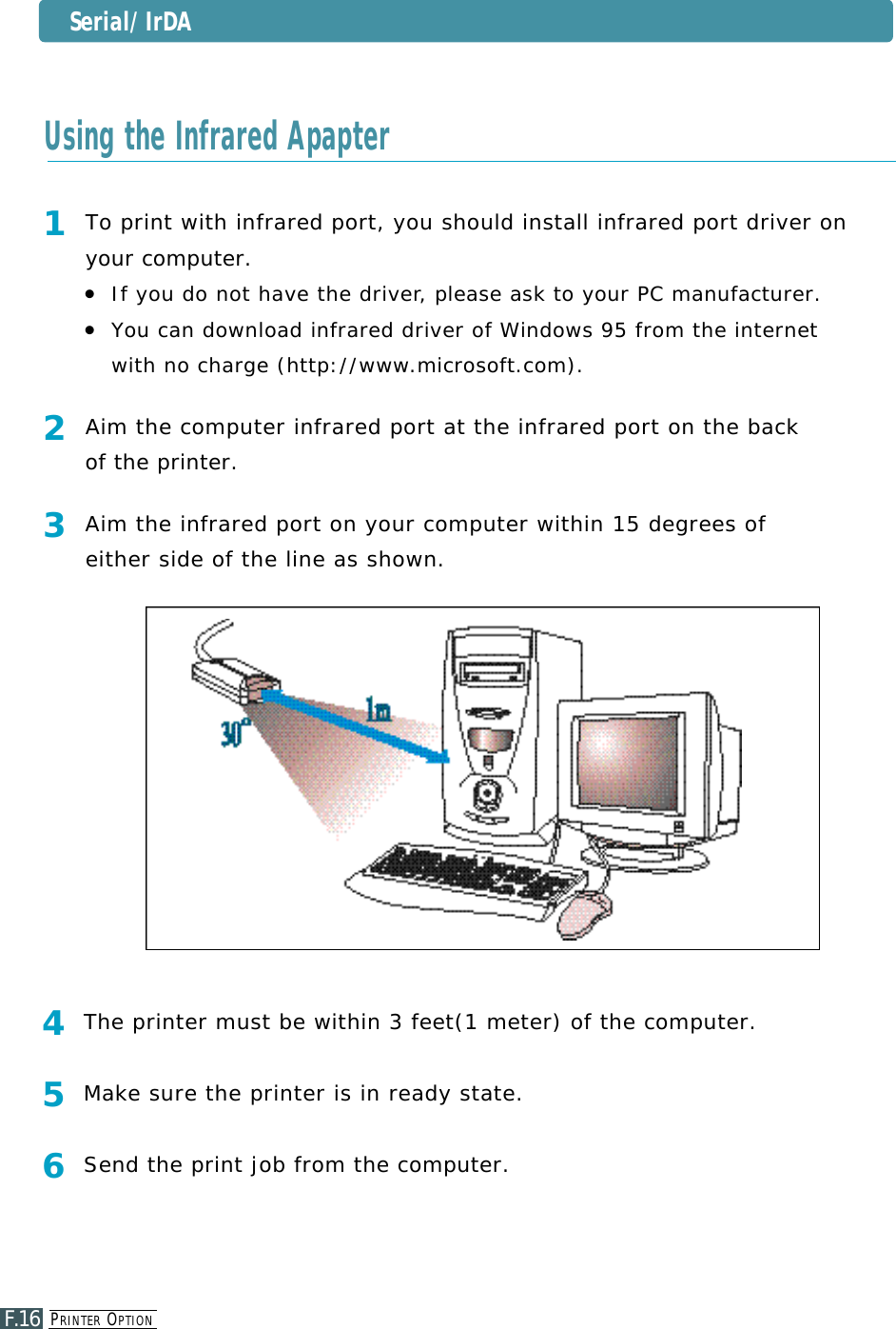 PR I N T E R OP T I O NF.16Serial/IrDA1To print with infrared port, you should install infrared port driver onyour computer.●If you do not have the drive r, please ask to your PC manufacturer.●You can download infrared driver of Windows 95 from the internet with no charge (http://www. m i c r o s o f t . c o m ) .2Aim the computer infrared port at the infrared port on the back of the printer.3Aim the infrared port on your computer within 15 degrees of either side of the line as shown.4The printer must be within 3 feet(1 meter) of the computer.5M a ke sure the printer is in ready state.6Send the print job from the computer.Using the Infrared Apapter
