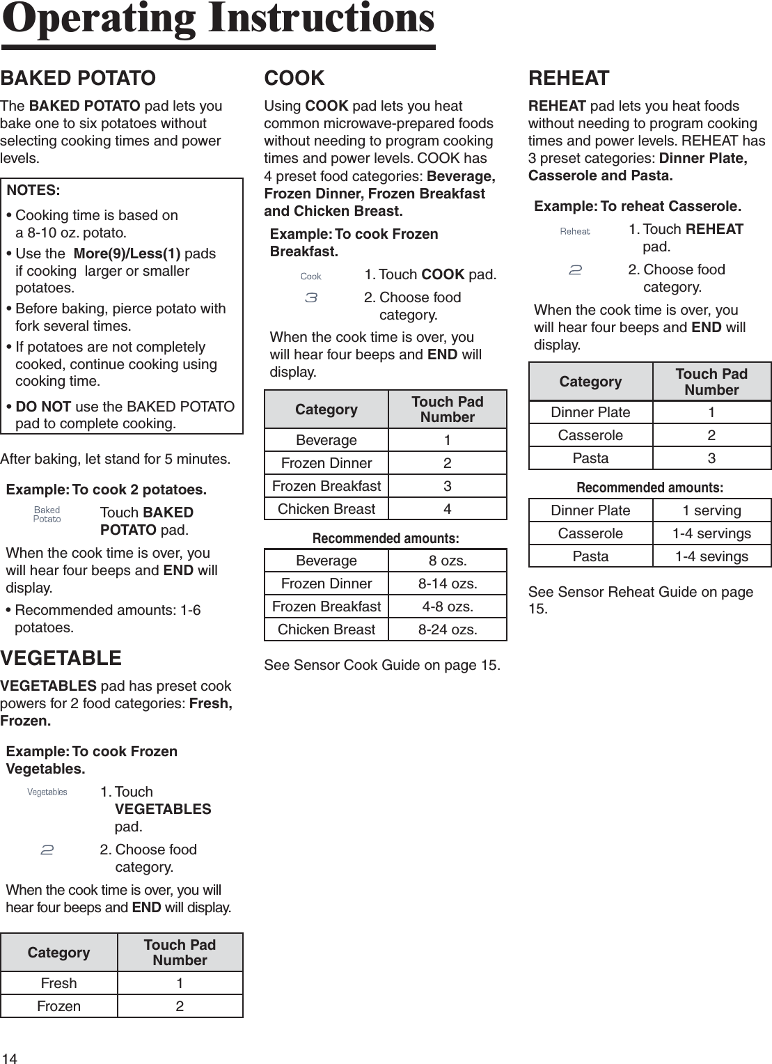 2SHUDWLQJ,QVWUXFWLRQV&quot;!+%$0/4!4/4HE&quot;!+%$0/4!4/PADLETSYOUBAKEONETOSIXPOTATOESWITHOUTSELECTINGCOOKINGTIMESANDPOWERLEVELS./4%3s#OOKINGTIMEISBASEDONAOZPOTATOs5SETHE-ORE,ESSPADSIFCOOKINGLARGERORSMALLERPOTATOESs&quot;EFOREBAKINGPIERCEPOTATOWITHFORKSEVERALTIMESs)FPOTATOESARENOTCOMPLETELYCOOKEDCONTINUECOOKINGUSINGCOOKINGTIMEs$/./4USETHE&quot;!+%$0/4!4/PADTOCOMPLETECOOKING!FTERBAKINGLETSTANDFORMINUTES%XAMPLE4OCOOKPOTATOES4OUCH&quot;!+%$0/4!4/PAD7HENTHECOOKTIMEISOVERYOUWILLHEARFOURBEEPSAND%.$WILLDISPLAYs2ECOMMENDEDAMOUNTSPOTATOES6%&apos;%4!&quot;,%6%&apos;%4!&quot;,%3PADHASPRESETCOOKPOWERSFORFOODCATEGORIES&amp;RESH&amp;ROZEN%XAMPLE4OCOOK&amp;ROZEN6EGETABLES4OUCH6%&apos;%4!&quot;,%3PAD#HOOSEFOODCATEGORY7HENTHECOOKTIMEISOVERYOUWILLHEARFOURBEEPSAND%.$WILLDISPLAY#ATEGORY 4OUCH0AD.UMBER&amp;RESH &amp;ROZEN #//+5SING#//+PADLETSYOUHEATCOMMONMICROWAVEPREPAREDFOODSWITHOUTNEEDINGTOPROGRAMCOOKINGTIMESANDPOWERLEVELS#//+HASPRESETFOODCATEGORIES&quot;EVERAGE&amp;ROZEN$INNER&amp;ROZEN&quot;REAKFASTAND#HICKEN&quot;REAST%XAMPLE4OCOOK&amp;ROZEN&quot;REAKFAST4OUCH#//+PAD#HOOSEFOODCATEGORY7HENTHECOOKTIMEISOVERYOUWILLHEARFOURBEEPSAND%.$WILLDISPLAY#ATEGORY 4OUCH0AD.UMBER&quot;EVERAGE &amp;ROZEN$INNER &amp;ROZEN&quot;REAKFAST #HICKEN&quot;REAST 2ECOMMENDEDAMOUNTS&quot;EVERAGE OZS&amp;ROZEN$INNER OZS&amp;ROZEN&quot;REAKFAST OZS#HICKEN&quot;REAST OZS3EE3ENSOR#OOK&apos;UIDEONPAGE2%(%!42%(%!4PADLETSYOUHEATFOODSWITHOUTNEEDINGTOPROGRAMCOOKINGTIMESANDPOWERLEVELS2%(%!4HASPRESETCATEGORIES$INNER0LATE#ASSEROLEAND0ASTA%XAMPLE4OREHEAT#ASSEROLE4OUCH2%(%!4PAD#HOOSEFOODCATEGORY7HENTHECOOKTIMEISOVERYOUWILLHEARFOURBEEPSAND%.$WILLDISPLAY#ATEGORY 4OUCH0AD.UMBER$INNER0LATE #ASSEROLE 0ASTA 2ECOMMENDEDAMOUNTS$INNER0LATE SERVING#ASSEROLE SERVINGS0ASTA SEVINGS3EE3ENSOR2EHEAT&apos;UIDEONPAGE