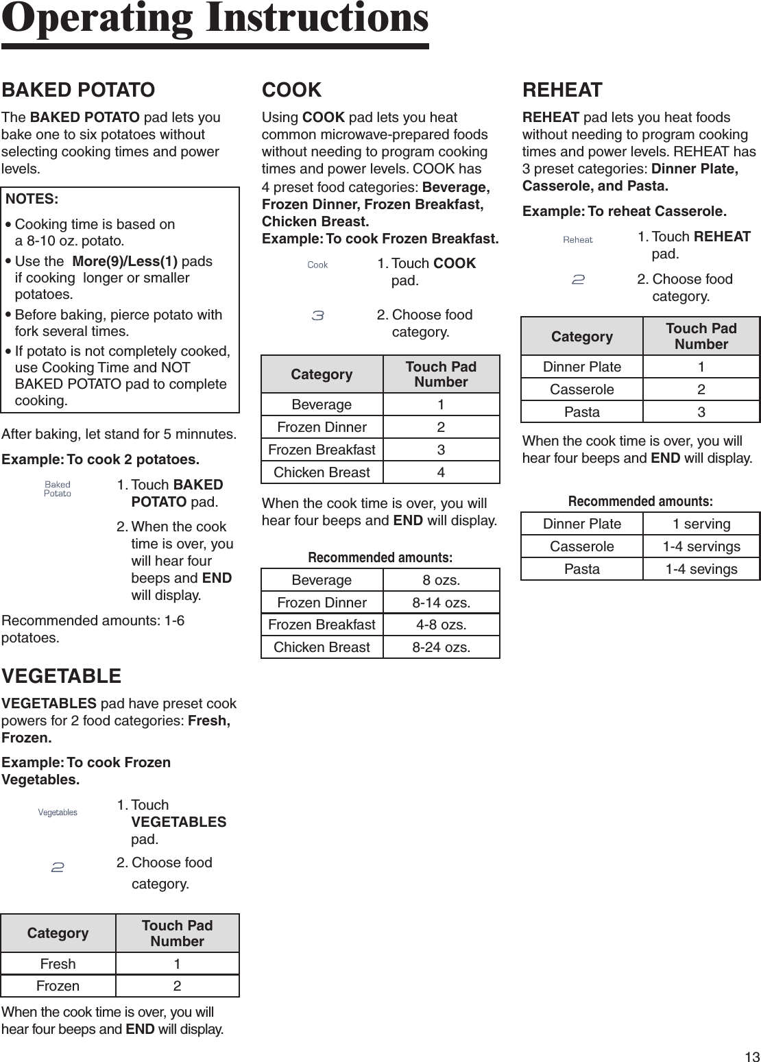 13COOK       Using COOK pad lets you heat common microwave-prepared foods without needing to program cooking times and power levels. COOK has 4 preset food categories: Beverage, Frozen Dinner, Frozen Breakfast, Chicken Breast.Example: To cook Frozen Breakfast.1.  Touch COOK pad.2.  Choose food category.When the cook time is over, you willhear four beeps and END will display.BAKED POTATO       The BAKED POTATO pad lets you bake one to six potatoes without selecting cooking times and power levels.After baking, let stand for 5 minnutes.Example: To cook 2 potatoes.1.  Touch BAKED POTATO pad. 2.  When the cook time is over, you will hear four beeps and END will display.Recommended amounts: 1-6 potatoes.VEGETABLE       VEGETABLES pad have preset cook powers for 2 food categories: Fresh, Frozen.Example: To cook Frozen Vegetables.1.  Touch VEGETABLES pad.2.  Choose food category.When the cook time is over, you will hear four beeps and END will display.Operating InstructionsREHEAT       REHEAT pad lets you heat foods without needing to program cooking times and power levels. REHEAT has 3 preset categories: Dinner Plate, Casserole, and Pasta.Example: To reheat Casserole.1.  Touch REHEAT pad.2.  Choose food category.When the cook time is over, you will hear four beeps and END will display.Category Touch Pad NumberBeverage 1Frozen Dinner 2Frozen Breakfast 3Chicken Breast 4Recommended amounts:Beverage 8 ozs.Frozen Dinner 8-14 ozs.Frozen Breakfast 4-8 ozs.Chicken Breast 8-24 ozs.Category Touch Pad NumberDinner Plate 1Casserole 2Pasta 3Recommended amounts:Dinner Plate 1 servingCasserole 1-4 servingsPasta 1-4 sevingsNOTES:●  Cooking time is based on  a 8-10 oz. potato.●  Use the  More(9)/Less(1) pads if cooking  longer or smaller potatoes.●  Before baking, pierce potato with fork several times.●  If potato is not completely cooked, use Cooking Time and NOT  BAKED POTATO pad to complete cooking.Category Touch Pad NumberFresh 1Frozen 2