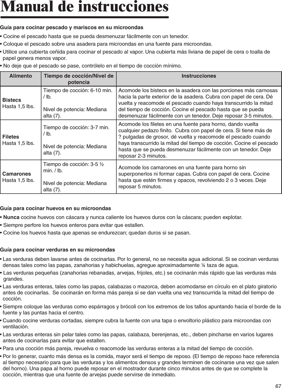 67Manual de instruccionesGuía para cocinar pescado y mariscos en su microondas•  Cocine el pescado hasta que se pueda desmenuzar fácilmente con un tenedor.•  Coloque el pescado sobre una asadera para microondas en una fuente para microondas.•  Utilice una cubierta ceñida para cocinar el pescado al vapor. Una cubierta más liviana de papel de cera o toalla de papel genera menos vapor.•  No deje que el pescado se pase, contrólelo en el tiempo de cocción mínimo.Alimento Tiempo de cocción/Nivel de potenciaInstruccionesBistecsHasta 1,5 lbs.Tiempo de cocción: 6-10 min. / lb.Nivel de potencia: Mediana alta (7).Acomode los bistecs en la asadera con las porciones más carnosas hacia la parte exterior de la asadera. Cubra con papel de cera. Dé vuelta y reacomode el pescado cuando haya transcurrido la mitad del tiempo de cocción. Cocine el pescado hasta que se pueda desmenuzar fácilmente con un tenedor. Deje reposar 3-5 minutos. FiletesHasta 1,5 lbs.Tiempo de cocción: 3-7 min. / lb.Nivel de potencia: Mediana alta (7).Acomode los filetes en una fuente para horno, dando vuelta cualquier pedazo finito.  Cubra con papel de cera. Si tiene más de ? pulgadas de grosor, dé vuelta y reacomode el pescado cuando haya transcurrido la mitad del tiempo de cocción. Cocine el pescado hasta que se pueda desmenuzar fácilmente con un tenedor. Deje reposar 2-3 minutos.CamaronesHasta 1,5 lbs.Tiempo de cocción: 3-5 ½ min. / lb.Nivel de potencia: Mediana alta (7).Acomode los camarones en una fuente para horno sin superponerlos ni formar capas. Cubra con papel de cera. Cocine hasta que estén firmes y opacos, revolviendo 2 o 3 veces. Deje reposar 5 minutos.Guía para cocinar huevos en su microondas•  Nunca cocine huevos con cáscara y nunca caliente los huevos duros con la cáscara; pueden explotar.•  Siempre perfore los huevos enteros para evitar que estallen.•  Cocine los huevos hasta que apenas se endurezcan; quedan duros si se pasan.Guía para cocinar verduras en su microondas•  Las verduras deben lavarse antes de cocinarlas. Por lo general, no se necesita agua adicional. Si se cocinan verduras densas tales como las papas, zanahorias y habichuelas, agregue aproximadamente ¼ taza de agua.•  Las verduras pequeñas (zanahorias rebanadas, arvejas, frijoles, etc.) se cocinarán más rápido que las verduras más grandes.•  Las verduras enteras, tales como las papas, calabazas o mazorca, deben acomodarse en círculo en el plato giratorio antes de cocinarlas.  Se cocinarán en forma más pareja si se dan vuelta una vez transcurrida la mitad del tiempo de cocción.•  Siempre coloque las verduras como espárragos y brócoli con los extremos de los tallos apuntando hacia el borde de la fuente y las puntas hacia el centro.•  Cuando cocine verduras cortadas, siempre cubra la fuente con una tapa o envoltorio plástico para microondas con ventilación.•  Las verduras enteras sin pelar tales como las papas, calabaza, berenjenas, etc., deben pincharse en varios lugares antes de cocinarlas para evitar que estallen.•  Para una cocción más pareja, revuelva o reacomode las verduras enteras a la mitad del tiempo de cocción.•  Por lo generar, cuanto más densa es la comida, mayor será el tiempo de reposo. (El tiempo de reposo hace referencia al tiempo necesario para que las verduras y los alimentos densos y grandes terminen de cocinarse una vez que salen del horno). Una papa al horno puede reposar en el mostrador durante cinco minutos antes de que se complete la cocción, mientras que una fuente de arvejas puede servirse de inmediato.
