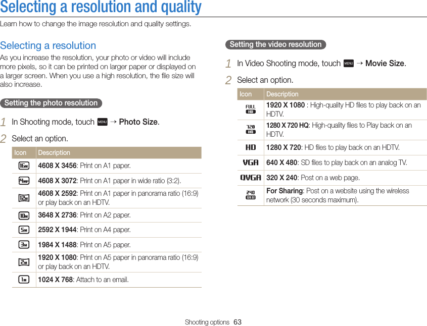 Shooting options  63Selecting a resolution and qualityLearn how to change the image resolution and quality settings.Setting the video resolution1 In Video Shooting mode, touch m  Movie Size.2 Select an option.Icon Description1920 X 1080 : High-quality HD ﬁles to play back on an HDTV.1280 X 720 HQ: High-quality ﬁles to Play back on an HDTV.1280 X 720: HD ﬁles to play back on an HDTV.640 X 480: SD ﬁles to play back on an analog TV.320 X 240: Post on a web page.For Sharing: Post on a website using the wireless network (30 seconds maximum).Selecting a resolutionAs you increase the resolution, your photo or video will include more pixels, so it can be printed on larger paper or displayed on a larger screen. When you use a high resolution, the ﬁle size will also increase.Setting the photo resolution1 In Shooting mode, touch m  Photo Size.2 Select an option.Icon Description4608 X 3456: Print on A1 paper.4608 X 3072: Print on A1 paper in wide ratio (3:2).4608 X 2592: Print on A1 paper in panorama ratio (16:9) or play back on an HDTV.3648 X 2736: Print on A2 paper.2592 X 1944: Print on A4 paper.1984 X 1488: Print on A5 paper.1920 X 1080: Print on A5 paper in panorama ratio (16:9) or play back on an HDTV.1024 X 768: Attach to an email.