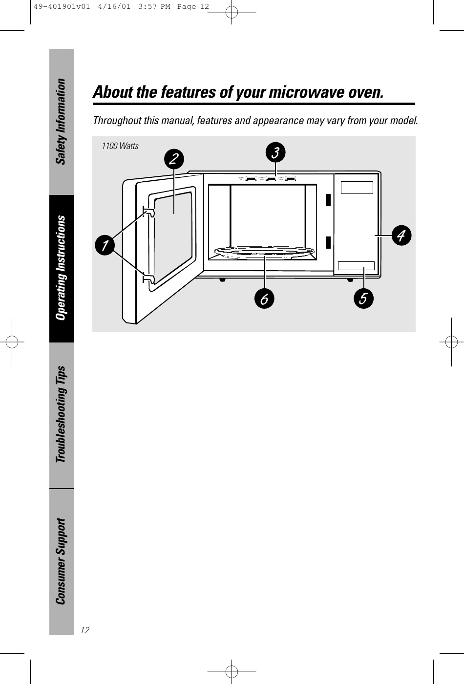 12Safety InformationOperating InstructionsTroubleshooting TipsConsumer SupportAbout the features of your microwave oven.Throughout this manual, features and appearance may vary from your model.1100 Watts49-401901v01  4/16/01  3:57 PM  Page 12