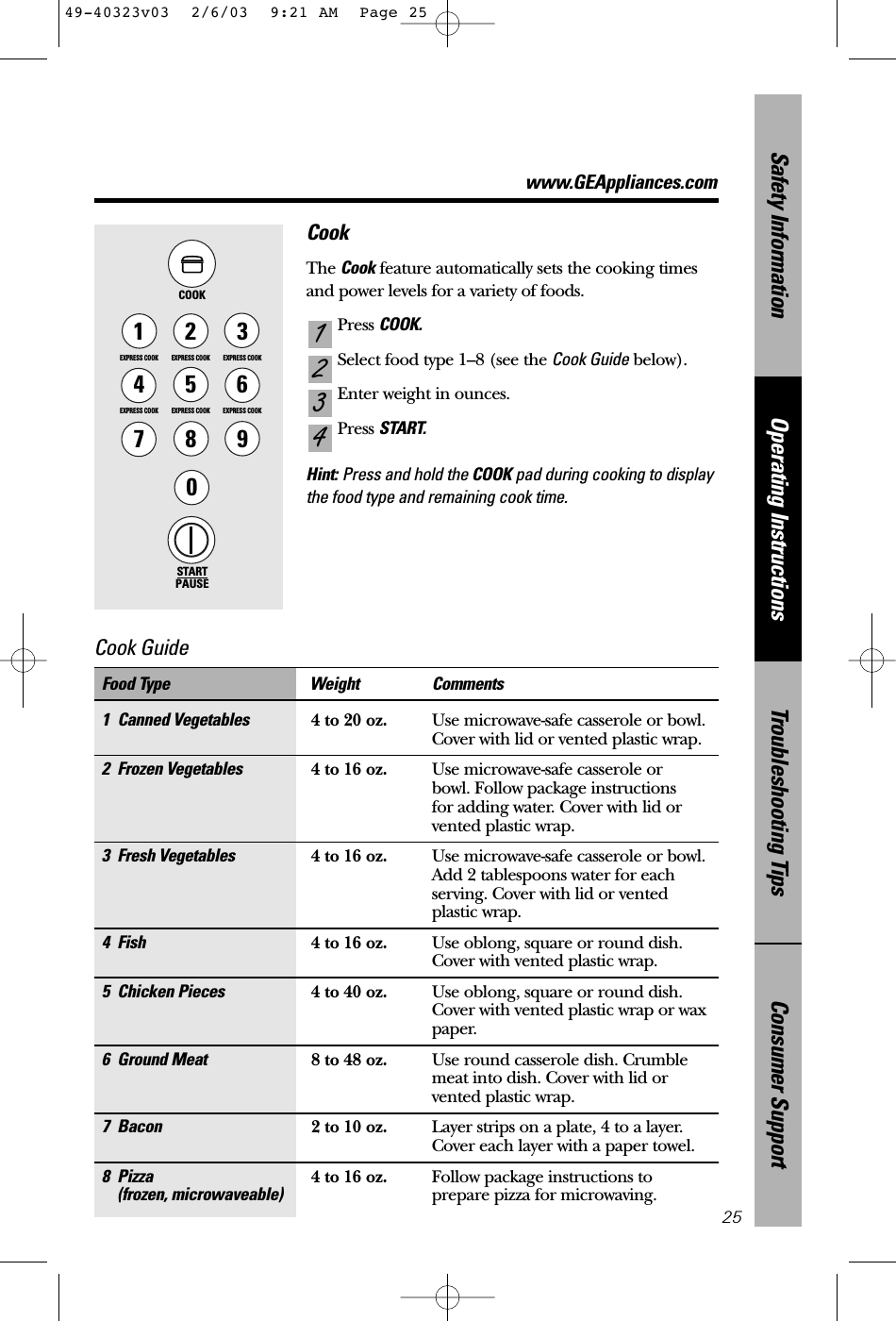 www.GEAppliances.comConsumer SupportTroubleshooting TipsOperating InstructionsSafety InformationCookThe Cook feature automatically sets the cooking timesand power levels for a variety of foods.Press COOK.Select food type 1–8 (see the Cook Guide below).Enter weight in ounces.Press START.Hint: Press and hold the COOK pad during cooking to displaythe food type and remaining cook time.43211 Canned Vegetables 4 to 20 oz. Use microwave-safe casserole or bowl. Cover with lid or vented plastic wrap.2 Frozen Vegetables 4 to 16 oz. Use microwave-safe casserole or bowl. Follow package instructions for adding water. Cover with lid or vented plastic wrap.3 Fresh Vegetables 4 to 16 oz. Use microwave-safe casserole or bowl. Add 2 tablespoons water for eachserving. Cover with lid or vented plastic wrap.4 Fish 4 to 16 oz. Use oblong, square or round dish.Cover with vented plastic wrap.5 Chicken Pieces 4 to 40 oz. Use oblong, square or round dish.Cover with vented plastic wrap or wax paper.6 Ground Meat 8 to 48 oz. Use round casserole dish. Crumble meat into dish. Cover with lid or vented plastic wrap.7 Bacon 2 to 10 oz. Layer strips on a plate, 4 to a layer.Cover each layer with a paper towel.8 Pizza 4 to 16 oz. Follow package instructions to (frozen, microwaveable) prepare pizza for microwaving.Food Type Weight CommentsSTARTPAUSE1EXPRESS COOK3EXPRESS COOK2EXPRESS COOK5EXPRESS COOK6EXPRESS COOK78904EXPRESS COOKCOOK25Cook Guide 49-40323v03  2/6/03  9:21 AM  Page 25