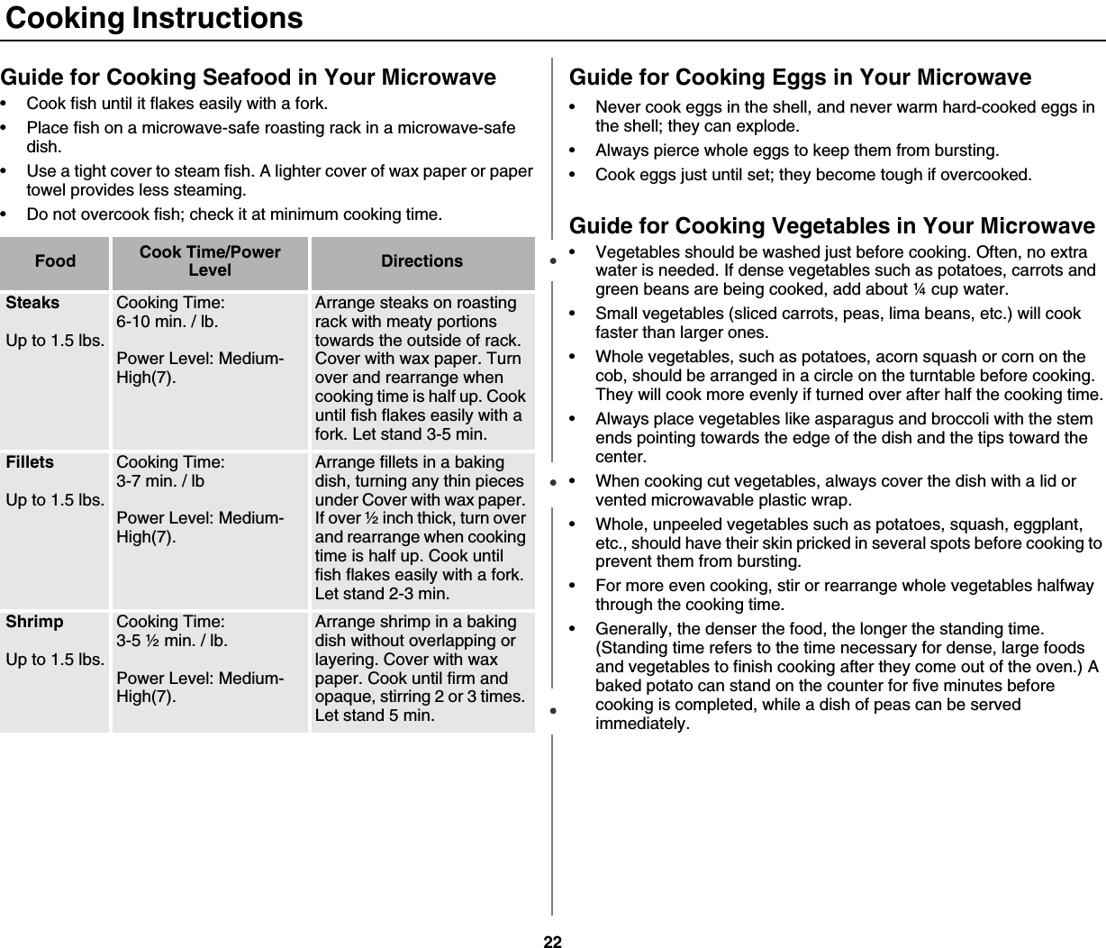22 Cooking InstructionsGuide for Cooking Seafood in Your Microwave• Cook fish until it flakes easily with a fork.• Place fish on a microwave-safe roasting rack in a microwave-safe dish.• Use a tight cover to steam fish. A lighter cover of wax paper or paper towel provides less steaming.• Do not overcook fish; check it at minimum cooking time.Guide for Cooking Eggs in Your Microwave• Never cook eggs in the shell, and never warm hard-cooked eggs in the shell; they can explode.• Always pierce whole eggs to keep them from bursting.• Cook eggs just until set; they become tough if overcooked.Guide for Cooking Vegetables in Your Microwave• Vegetables should be washed just before cooking. Often, no extra water is needed. If dense vegetables such as potatoes, carrots and green beans are being cooked, add about ¼ cup water.• Small vegetables (sliced carrots, peas, lima beans, etc.) will cook faster than larger ones.• Whole vegetables, such as potatoes, acorn squash or corn on the cob, should be arranged in a circle on the turntable before cooking. They will cook more evenly if turned over after half the cooking time.• Always place vegetables like asparagus and broccoli with the stem ends pointing towards the edge of the dish and the tips toward the center.• When cooking cut vegetables, always cover the dish with a lid or vented microwavable plastic wrap.• Whole, unpeeled vegetables such as potatoes, squash, eggplant, etc., should have their skin pricked in several spots before cooking to prevent them from bursting.• For more even cooking, stir or rearrange whole vegetables halfway through the cooking time.• Generally, the denser the food, the longer the standing time. (Standing time refers to the time necessary for dense, large foods and vegetables to finish cooking after they come out of the oven.) A baked potato can stand on the counter for five minutes before cooking is completed, while a dish of peas can be served immediately.Food Cook Time/Power Level DirectionsSteaksUp to 1.5 lbs.Cooking Time: 6-10 min. / lb. Power Level: Medium-High(7).Arrange steaks on roasting rack with meaty portions towards the outside of rack. Cover with wax paper. Turn over and rearrange when cooking time is half up. Cook until fish flakes easily with a fork. Let stand 3-5 min. FilletsUp to 1.5 lbs.Cooking Time: 3-7 min. / lbPower Level: Medium-High(7).Arrange fillets in a baking dish, turning any thin pieces under Cover with wax paper. If over ½ inch thick, turn over and rearrange when cooking time is half up. Cook until fish flakes easily with a fork. Let stand 2-3 min.ShrimpUp to 1.5 lbs.Cooking Time: 3-5 ½ min. / lb.Power Level: Medium-High(7).Arrange shrimp in a baking dish without overlapping or layering. Cover with wax paper. Cook until firm and opaque, stirring 2 or 3 times. Let stand 5 min. 