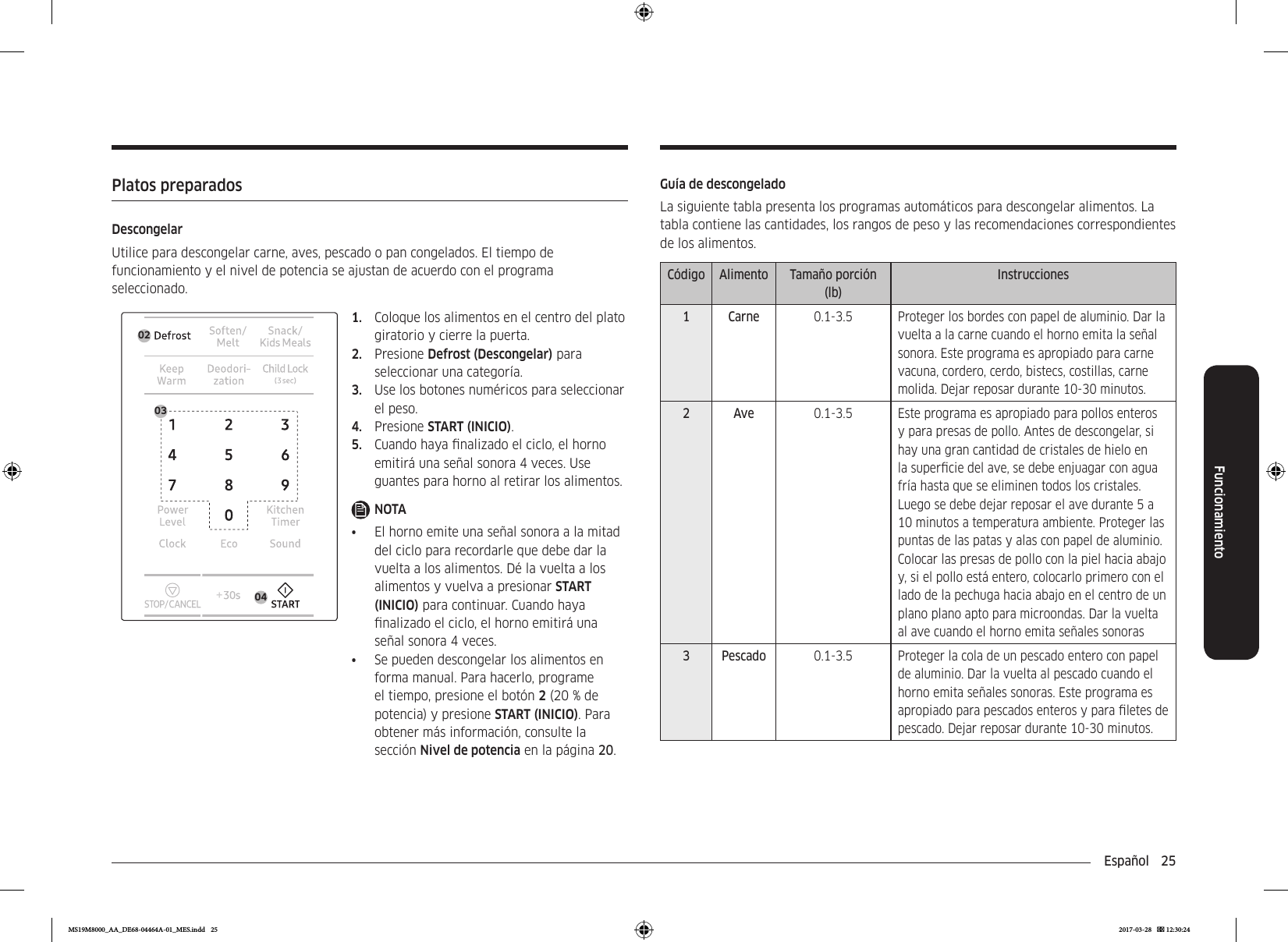 Español  25FuncionamientoGuía de descongeladoLa siguiente tabla presenta los programas automáticos para descongelar alimentos. La tabla contiene las cantidades, los rangos de peso y las recomendaciones correspondientes de los alimentos.Código Alimento Tamaño porción (lb)Instrucciones1 Carne 0.1-3.5 Proteger los bordes con papel de aluminio. Dar la vuelta a la carne cuando el horno emita la señal sonora. Este programa es apropiado para carne vacuna, cordero, cerdo, bistecs, costillas, carne molida. Dejar reposar durante 10-30 minutos.2Ave 0.1-3.5 Este programa es apropiado para pollos enteros y para presas de pollo. Antes de descongelar, si hay una gran cantidad de cristales de hielo en la supercie del ave, se debe enjuagar con agua fría hasta que se eliminen todos los cristales. Luego se debe dejar reposar el ave durante 5 a 10 minutos a temperatura ambiente. Proteger las puntas de las patas y alas con papel de aluminio. Colocar las presas de pollo con la piel hacia abajo y, si el pollo está entero, colocarlo primero con el lado de la pechuga hacia abajo en el centro de un plano plano apto para microondas. Dar la vuelta al ave cuando el horno emita señales sonoras3 Pescado 0.1-3.5 Proteger la cola de un pescado entero con papel de aluminio. Dar la vuelta al pescado cuando el horno emita señales sonoras. Este programa es apropiado para pescados enteros y para letes de pescado. Dejar reposar durante 10-30 minutos.Platos preparadosDescongelarUtilice para descongelar carne, aves, pescado o pan congelados. El tiempo de funcionamiento y el nivel de potencia se ajustan de acuerdo con el programa seleccionado.0403021.  Coloque los alimentos en el centro del plato giratorio y cierre la puerta.2.  Presione Defrost (Descongelar) para seleccionar una categoría.3.  Use los botones numéricos para seleccionar el peso.4.  Presione START (INICIO). 5.  Cuando haya nalizado el ciclo, el horno emitirá una señal sonora 4 veces. Use guantes para horno al retirar los alimentos.NOTA•  El horno emite una señal sonora a la mitad del ciclo para recordarle que debe dar la vuelta a los alimentos. Dé la vuelta a los alimentos y vuelva a presionar START (INICIO) para continuar. Cuando haya nalizado el ciclo, el horno emitirá una señal sonora 4 veces.•  Se pueden descongelar los alimentos en forma manual. Para hacerlo, programe el tiempo, presione el botón 2 (20 % de potencia) y presione START (INICIO). Para obtener más información, consulte la sección Nivel de potencia en la página 20.MS19M8000_AA_DE68-04464A-01_MES.indd   25 2017-03-28    12:30:24