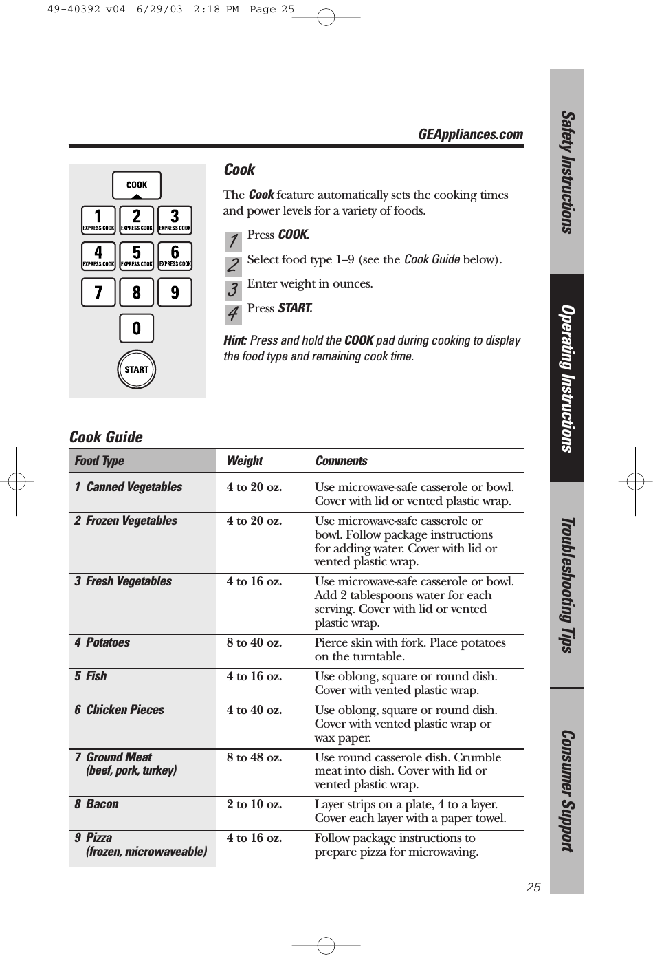 GEAppliances.comConsumer SupportTroubleshooting TipsOperating InstructionsSafety Instructions25CookThe Cook feature automatically sets the cooking timesand power levels for a variety of foods.Press COOK.Select food type 1–9 (see the Cook Guide below).Enter weight in ounces.Press START.Hint: Press and hold the COOK pad during cooking to displaythe food type and remaining cook time.43211 Canned Vegetables 4 to 20 oz. Use microwave-safe casserole or bowl. Cover with lid or vented plastic wrap.2 Frozen Vegetables 4 to 20 oz. Use microwave-safe casserole or bowl. Follow package instructions for adding water. Cover with lid or vented plastic wrap.3 Fresh Vegetables 4 to 16 oz. Use microwave-safe casserole or bowl. Add 2 tablespoons water for eachserving. Cover with lid or vented plastic wrap.4 Potatoes 8 to 40 oz. Pierce skin with fork. Place potatoes on the turntable.5 Fish 4 to 16 oz. Use oblong, square or round dish. Cover with vented plastic wrap.6 Chicken Pieces 4 to 40 oz. Use oblong, square or round dish. Cover with vented plastic wrap or wax paper.7 Ground Meat 8 to 48 oz. Use round casserole dish. Crumble (beef, pork, turkey)meat into dish. Cover with lid or vented plastic wrap.8 Bacon 2 to 10 oz. Layer strips on a plate, 4 to a layer.Cover each layer with a paper towel.9 Pizza 4 to 16 oz. Follow package instructions to (frozen, microwaveable) prepare pizza for microwaving.Food Type Weight CommentsCook Guide 49-40392 v04  6/29/03  2:18 PM  Page 25