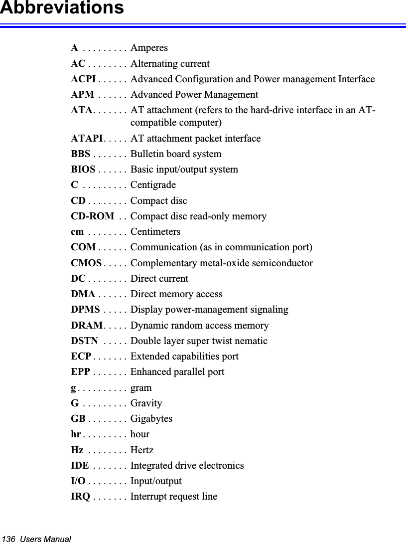 136  Users ManualAbbreviationsA . . . . . . . . . AmperesAC . . . . . . . . Alternating currentACPI . . . . . . Advanced Configuration and Power management InterfaceAPM  . . . . . . Advanced Power ManagementATA. . . . . . .  AT attachment (refers to the hard-drive interface in an AT-compatible computer)ATAPI. . . . . AT attachment packet interfaceBBS . . . . . . . Bulletin board systemBIOS . . . . . . Basic input/output systemC . . . . . . . . . CentigradeCD . . . . . . . . Compact discCD-ROM  . . Compact disc read-only memorycm  . . . . . . . . CentimetersCOM . . . . . . Communication (as in communication port)CMOS . . . . . Complementary metal-oxide semiconductorDC . . . . . . . . Direct currentDMA . . . . . . Direct memory accessDPMS . . . . . Display power-management signalingDRAM. . . . . Dynamic random access memoryDSTN  . . . . . Double layer super twist nematicECP . . . . . . . Extended capabilities portEPP . . . . . . . Enhanced parallel portg. . . . . . . . . . gramG . . . . . . . . . GravityGB . . . . . . . . Gigabyteshr . . . . . . . . . hourHz  . . . . . . . . HertzIDE  . . . . . . . Integrated drive electronics I/O . . . . . . . . Input/outputIRQ . . . . . . . Interrupt request line