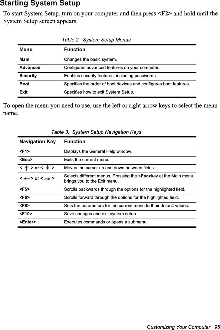 Customizing Your Computer   95Starting System SetupTo start System Setup, turn on your computer and then press &lt;F2&gt; and hold until the System Setup screen appears. Table 2.  System Setup MenusTo open the menu you need to use, use the left or right arrow keys to select the menu name.Table 3.  System Setup Navigation KeysMenu FunctionMain Changes the basic system.Advanced Configures advanced features on your computer.Security Enables security features, including passwords.Boot Specifies the order of boot devices and configures boot features.Exit Specifies how to exit System Setup.Navigation Key Function&lt;F1&gt; Displays the General Help window.&lt;Esc&gt; Exits the current menu.&lt;&gt; or &lt;&gt; Moves the cursor up and down between fields.&lt;&gt; or &lt;&gt; Selects different menus. Pressing the &lt;Esc&gt;key at the Main menu brings you to the Exit menu.&lt;F5&gt; Scrolls backwards through the options for the highlighted field.&lt;F6&gt; Scrolls forward through the options for the highlighted field.&lt;F9&gt; Sets the parameters for the current menu to their default values.&lt;F10&gt; Save changes and exit system setup.&lt;Enter&gt; Executes commands or opens a submenu.
