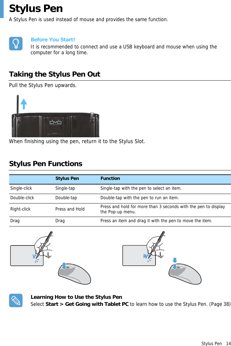 Stylus Pen   14 Stylus PenA Stylus Pen is used instead of mouse and provides the same function.Before You Start!It is recommended to connect and use a USB keyboard and mouse when using the computer for a long time.Taking the Stylus Pen OutPull the Stylus Pen upwards.When finishing using the pen, return it to the Stylus Slot.Stylus Pen FunctionsMouse Stylus Pen FunctionSingle-click Single-tap Single-tap with the pen to select an item.Double-click Double-tap Double-tap with the pen to run an item.Right-click Press and Hold Press and hold for more than 3 seconds with the pen to display the Pop-up menu.Drag Drag Press an item and drag it with the pen to move the item.Learning How to Use the Stylus PenSelect Start &gt; Get Going with Tablet PC to learn how to use the Stylus Pen. (Page 38)