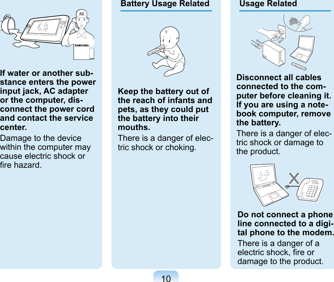 10Keep the battery out of the reach of infants and pets, as they could put the battery into their mouths. There is a danger of elec-tric shock or choking. Battery Usage RelatedIf water or another sub-stance enters the power input jack, AC adapter or the computer, dis-connect the power cord and contact the service center.Damage to the device within the computer may cause electric shock or ﬁre hazard.Usage RelatedDisconnect all cables connected to the com-puter before cleaning it. If you are using a note-book computer, remove the battery.There is a danger of elec-tric shock or damage to the product.Do not connect a phone line connected to a digi-tal phone to the modem.There is a danger of a electric shock, ﬁre or damage to the product.