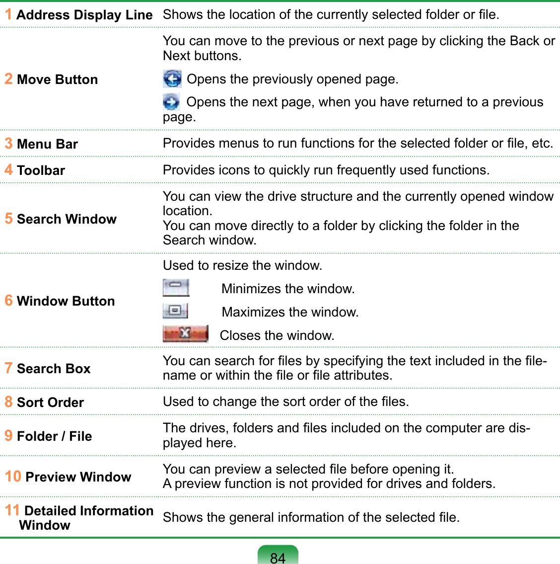 841 Address Display Line Shows the location of the currently selected folder or ﬁle.2 Move ButtonYou can move to the previous or next page by clicking the Back or Next buttons. Opens the previously opened page. Opens the next page, when you have returned to a previous page.3 Menu Bar Provides menus to run functions for the selected folder or ﬁle, etc.4 Toolbar Provides icons to quickly run frequently used functions.5 Search WindowYou can view the drive structure and the currently opened window location. You can move directly to a folder by clicking the folder in the Search window.6 Window ButtonUsed to resize the window.        Minimizes the window.         Maximizes the window.   Closes the window.7 Search Box You can search for ﬁles by specifying the text included in the ﬁle-name or within the ﬁle or ﬁle attributes.8 Sort Order Used to change the sort order of the ﬁles.9 Folder / File The drives, folders and ﬁles included on the computer are dis-played here.10 Preview Window You can preview a selected ﬁle before opening it. A preview function is not provided for drives and folders.11 Detailed Information Window Shows the general information of the selected ﬁle.