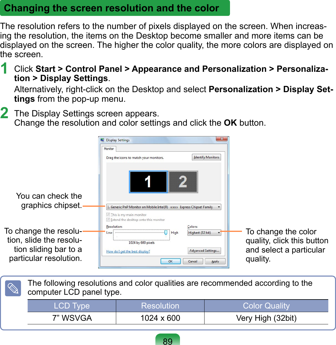 The resolution refers to the number of pixels displayed on the screen. When increas-ing the resolution, the items on the Desktop become smaller and more items can be displayed on the screen. The higher the color quality, the more colors are displayed on the screen.1  Click Start &gt; Control Panel &gt; Appearance and Personalization &gt; Personaliza-tion &gt; Display Settings.Alternatively, right-click on the Desktop and select Personalization &gt; Display Set-tings from the pop-up menu.2  The Display Settings screen appears. Change the resolution and color settings and click the OK button.The following resolutions and color qualities are recommended according to the computer LCD panel type.LCD Type Resolution Color Quality7” WSVGA 1024 x 600 Very High (32bit)Changing the screen resolution and the colorTo change the color quality, click this button and select a particular quality.To change the resolu-tion, slide the resolu-tion sliding bar to a particular resolution.You can check the graphics chipset.89