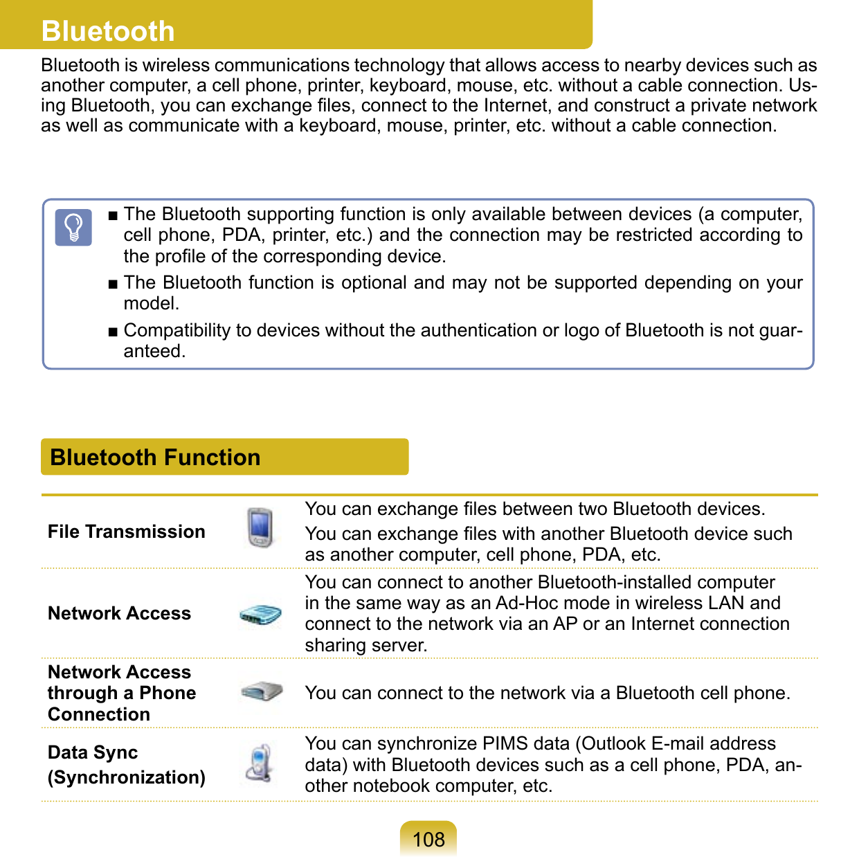 108File TransmissionYou can exchange ﬁles between two Bluetooth devices.You can exchange ﬁles with another Bluetooth device such as another computer, cell phone, PDA, etc.Network AccessYou can connect to another Bluetooth-installed computer in the same way as an Ad-Hoc mode in wireless LAN and connect to the network via an AP or an Internet connection sharing server.Network Access through a Phone ConnectionYou can connect to the network via a Bluetooth cell phone.Data Sync(Synchronization)You can synchronize PIMS data (Outlook E-mail address data) with Bluetooth devices such as a cell phone, PDA, an-other notebook computer, etc.Bluetooth FunctionBluetoothBluetooth is wireless communications technology that allows access to nearby devices such as another computer, a cell phone, printer, keyboard, mouse, etc. without a cable connection. Us-ing Bluetooth, you can exchange ﬁles, connect to the Internet, and construct a private network as well as communicate with a keyboard, mouse, printer, etc. without a cable connection.■ The Bluetooth supporting function is only available between devices (a computer, cell phone, PDA, printer, etc.) and the connection may be restricted according to the proﬁle of the corresponding device.■ The Bluetooth function is optional and may not be supported depending on your model.■ Compatibility to devices without the authentication or logo of Bluetooth is not guar-anteed.