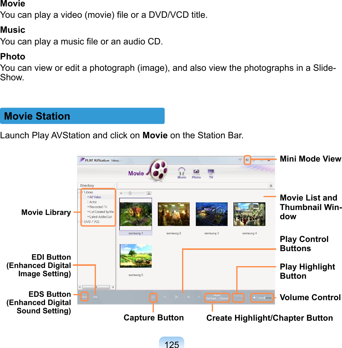 125Movie StationMovieYou can play a video (movie) ﬁle or a DVD/VCD title.MusicYou can play a music ﬁle or an audio CD.PhotoYou can view or edit a photograph (image), and also view the photographs in a Slide-Show.Launch Play AVStation and click on Movie on the Station Bar.Mini Mode ViewMovie List and Thumbnail Win-dowPlay Control ButtonsVolume ControlPlay Highlight ButtonCapture ButtonEDS Button  (Enhanced Digital Sound Setting) Create Highlight/Chapter ButtonEDI Button  (Enhanced Digital Image Setting)Movie Library