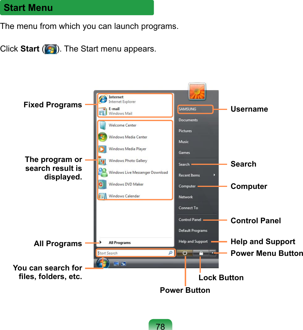 Start MenuThe menu from which you can launch programs.Click Start ( ). The Start menu appears.Fixed ProgramsThe program or search result is displayed.All ProgramsYou can search for ﬁles, folders, etc.UsernameSearchComputerControl PanelHelp and SupportPower Menu ButtonLock ButtonPower Button78