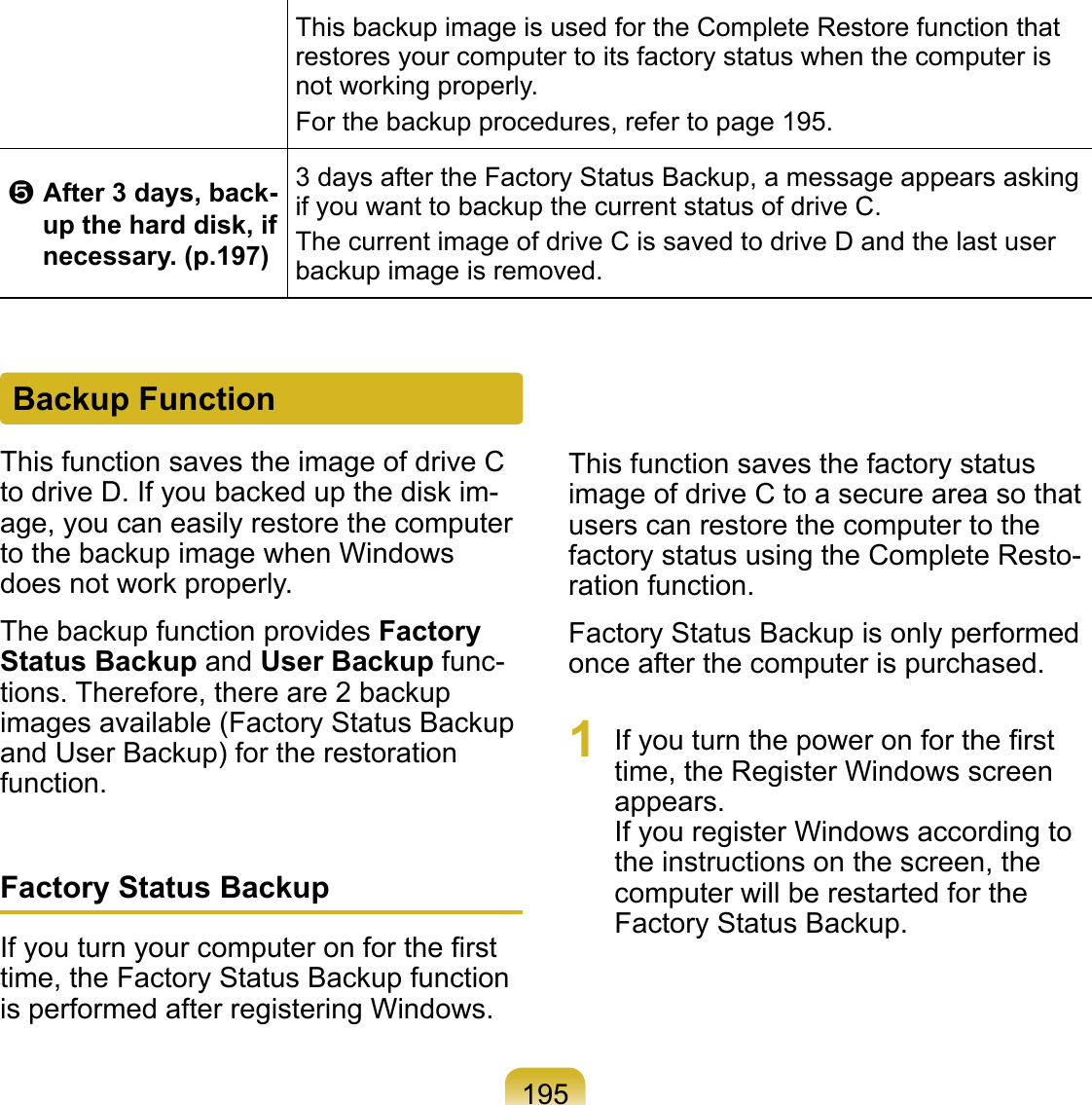 195This backup image is used for the Complete Restore function that restores your computer to its factory status when the computer is not working properly.For the backup procedures, refer to page 195.b After 3 days, back-up the hard disk, if necessary. (p.197)3 days after the Factory Status Backup, a message appears asking if you want to backup the current status of drive C.The current image of drive C is saved to drive D and the last user backup image is removed.This function saves the image of drive C to drive D. If you backed up the disk im-age, you can easily restore the computer to the backup image when Windows does not work properly.The backup function provides Factory Status Backup and User Backup func-tions. Therefore, there are 2 backup images available (Factory Status Backup and User Backup) for the restoration function.Factory Status BackupIf you turn your computer on for the ﬁrst time, the Factory Status Backup function is performed after registering Windows. Backup FunctionThis function saves the factory status image of drive C to a secure area so that users can restore the computer to the factory status using the Complete Resto-ration function.Factory Status Backup is only performed once after the computer is purchased.1  If you turn the power on for the ﬁrst time, the Register Windows screen appears. If you register Windows according to the instructions on the screen, the computer will be restarted for the Factory Status Backup.